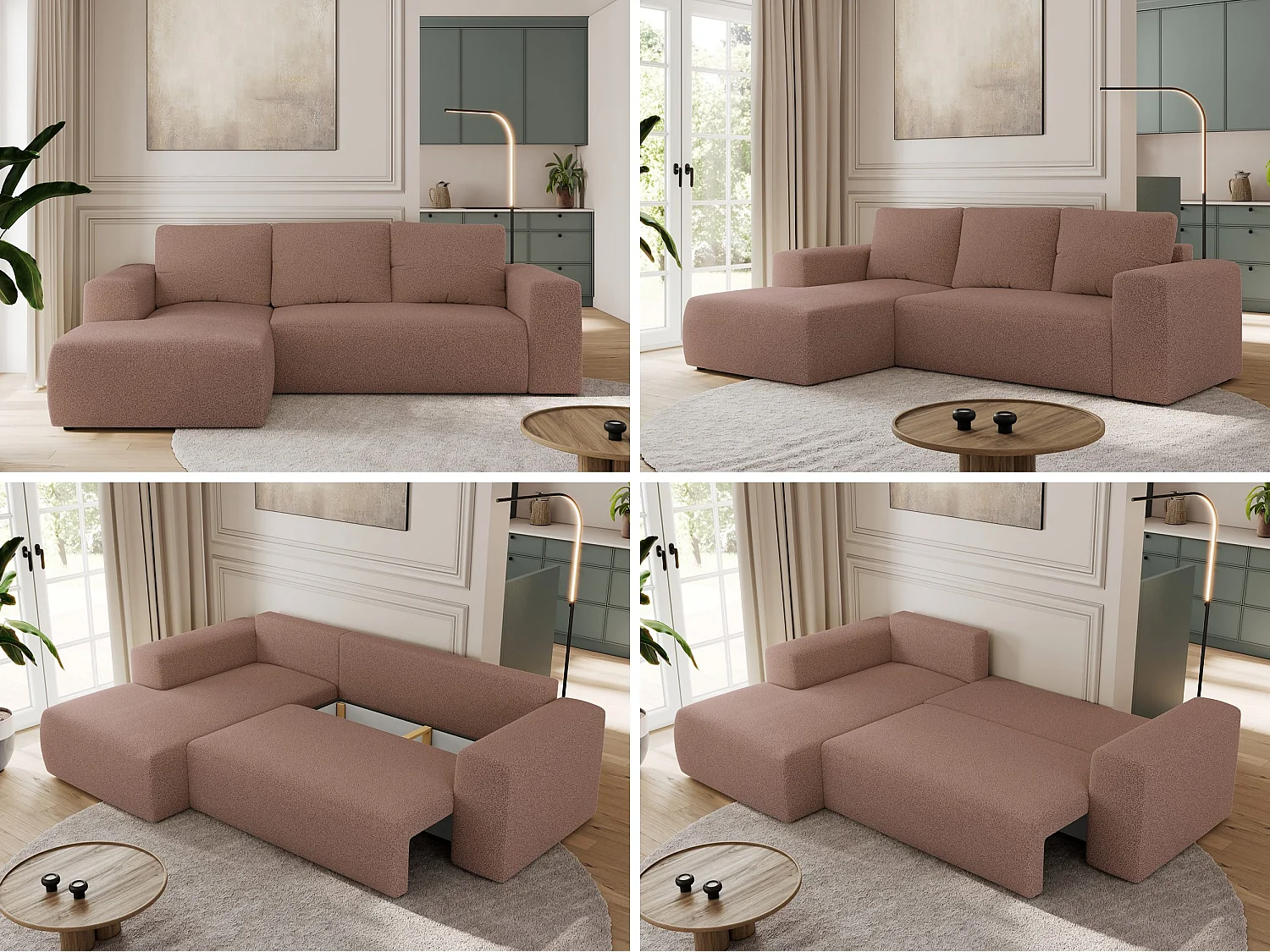 Ecksofa TRENTINO - mit Schlaffunktion und Bettkasten, L-form Couch, lose Kissen und Armlehnen - Rosa Boucle - Ecke Links