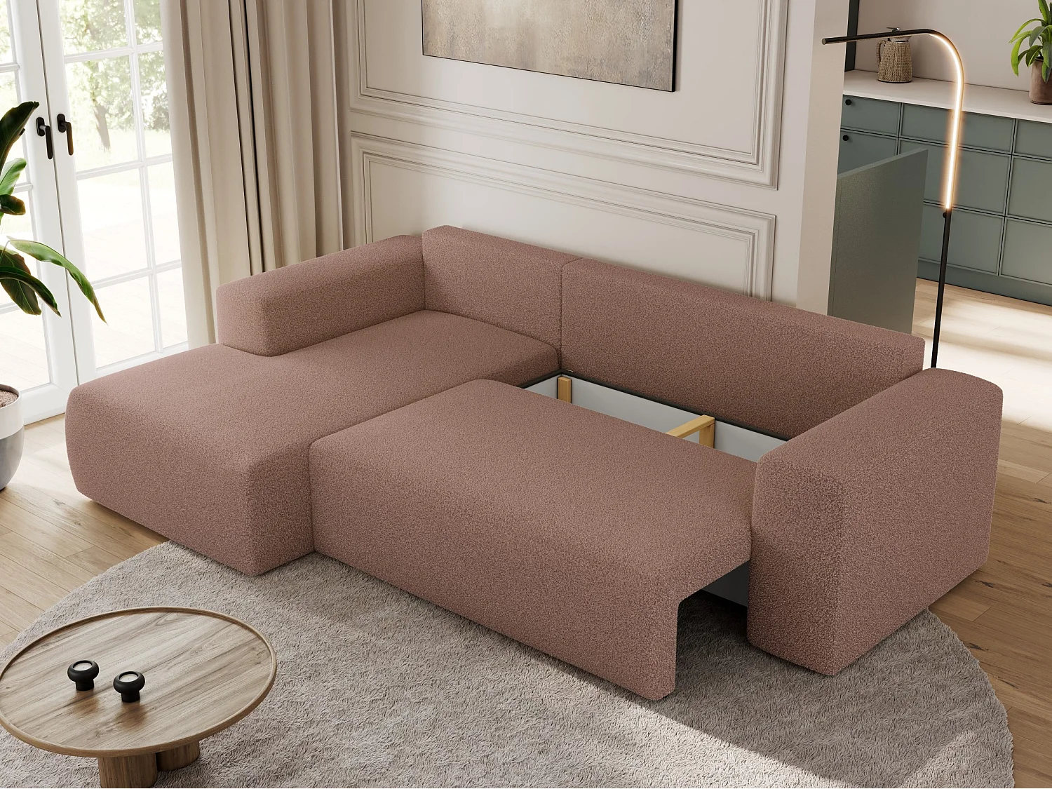 Ecksofa TRENTINO - mit Schlaffunktion und Bettkasten, L-form Couch, lose Kissen und Armlehnen - Rosa Boucle - Ecke Links