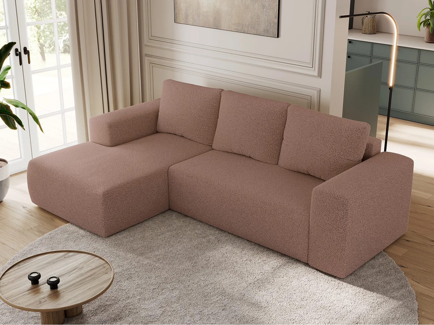 Ecksofa TRENTINO - mit Schlaffunktion und Bettkasten, L-form Couch, lose Kissen und Armlehnen - Rosa Boucle - Ecke Links