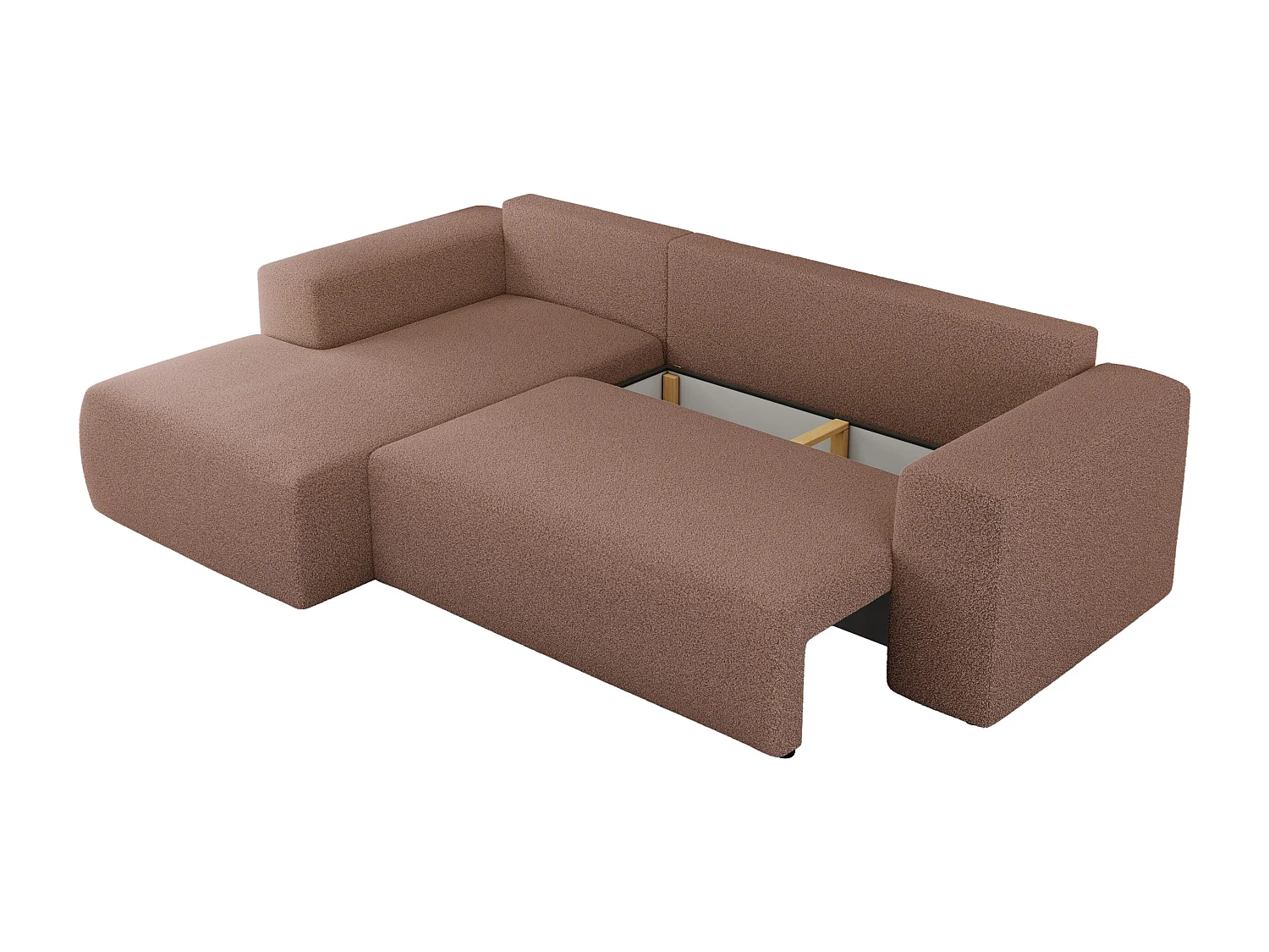 Ecksofa TRENTINO - mit Schlaffunktion und Bettkasten, L-form Couch, lose Kissen und Armlehnen - Rosa Boucle - Ecke Links