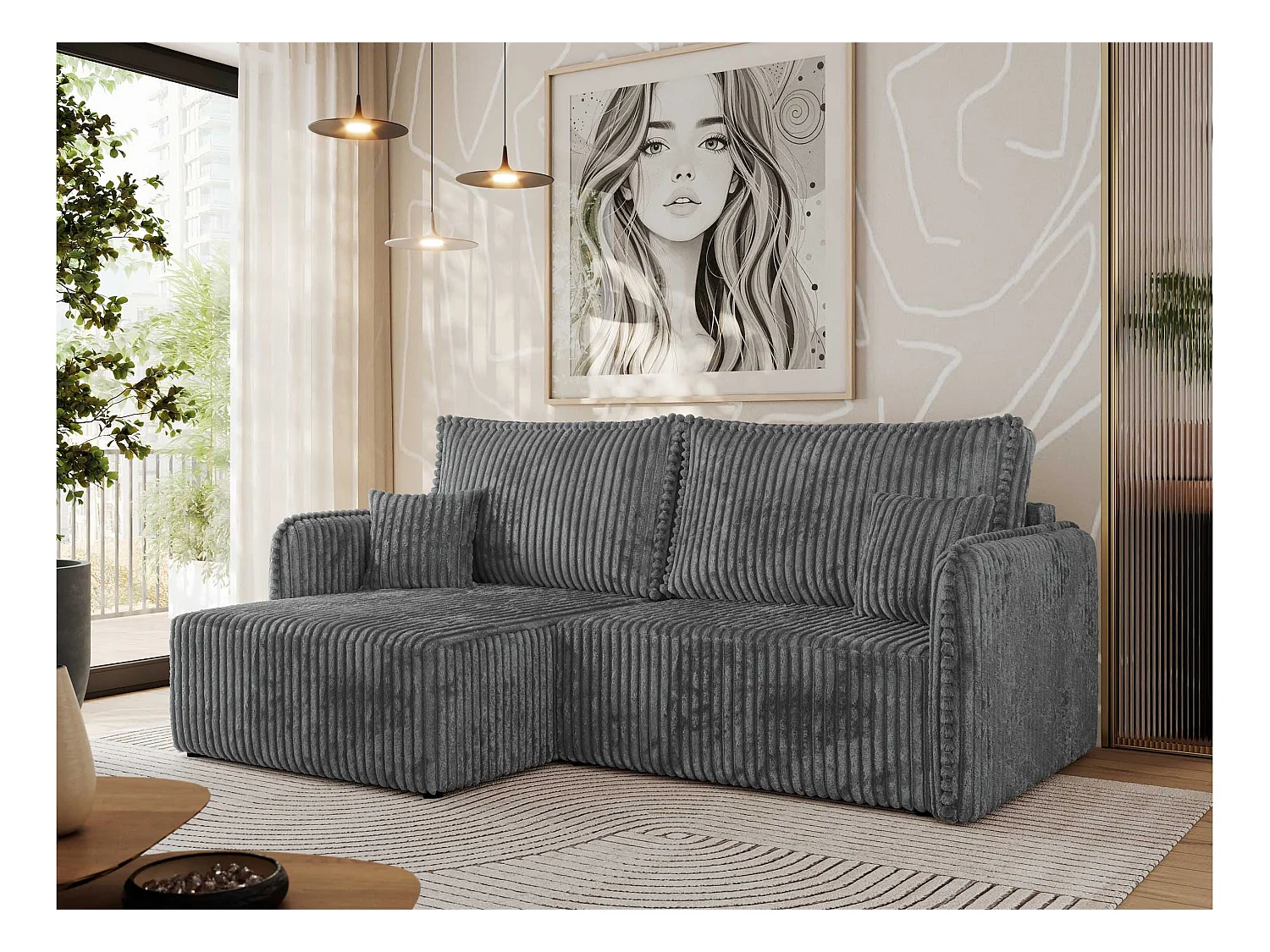 Ecksofa MESTO - Schlaffunktion und Bettkasten, L-form Couch für das Wohnzimmer, Armlehnen - Dunkelgrau Cord - Ecke Links