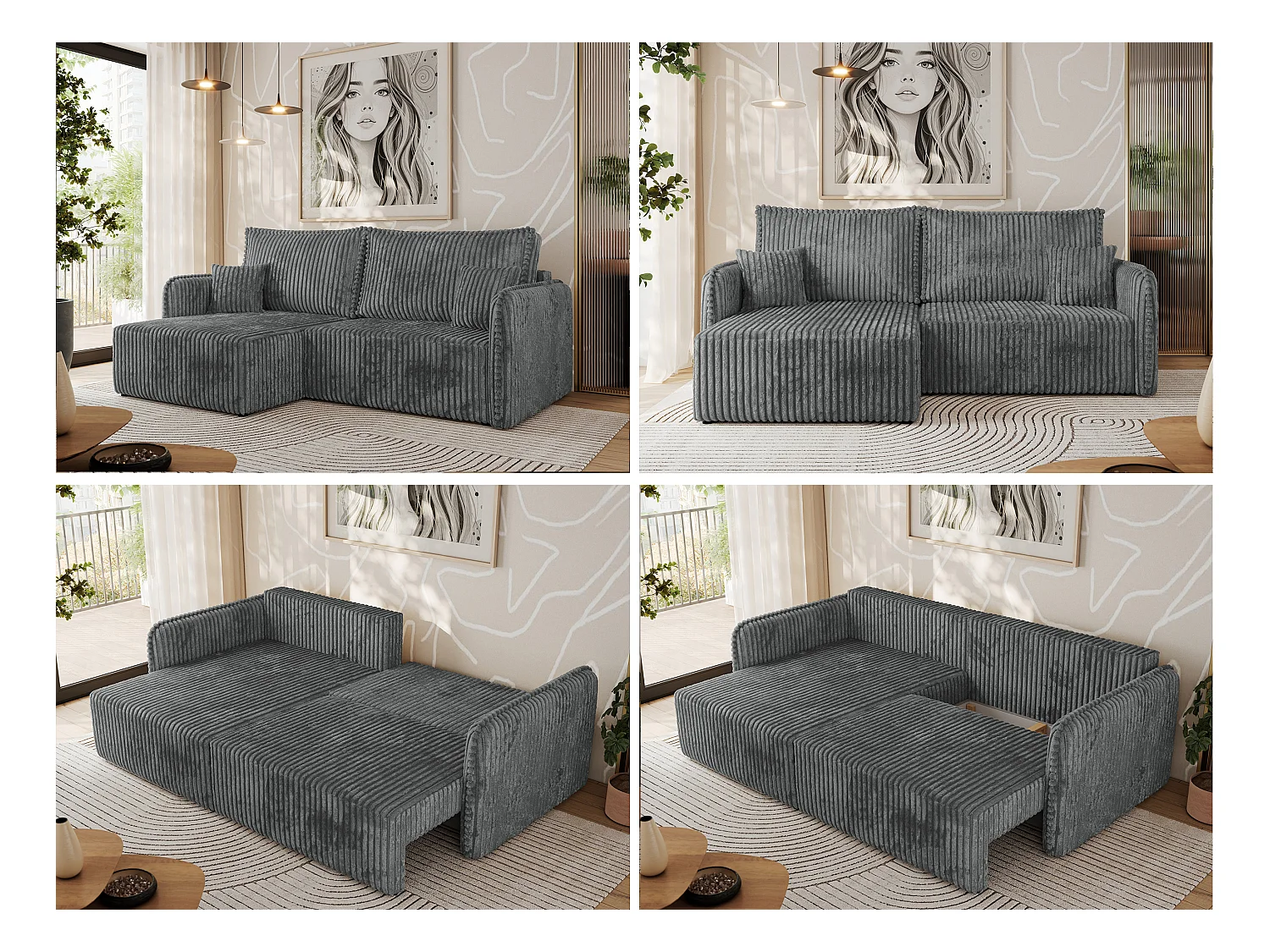Ecksofa MESTO - Schlaffunktion und Bettkasten, L-form Couch für das Wohnzimmer, Armlehnen - Dunkelgrau Cord - Ecke Links