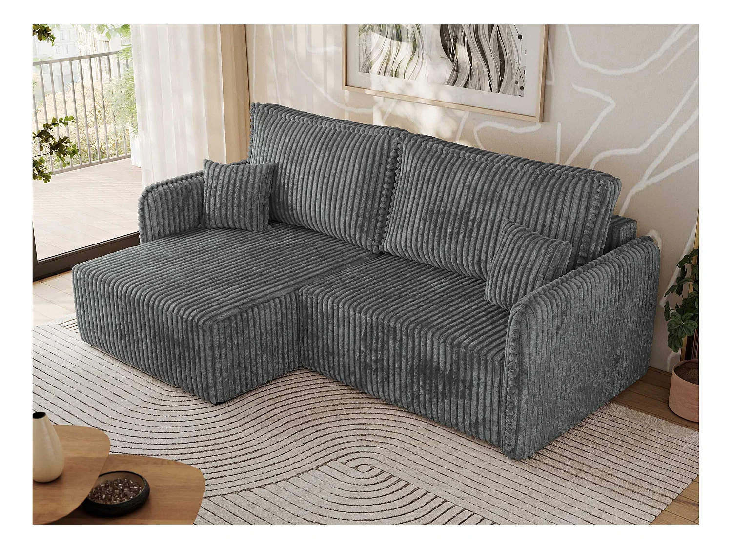 Ecksofa MESTO - Schlaffunktion und Bettkasten, L-form Couch für das Wohnzimmer, Armlehnen - Dunkelgrau Cord - Ecke Links