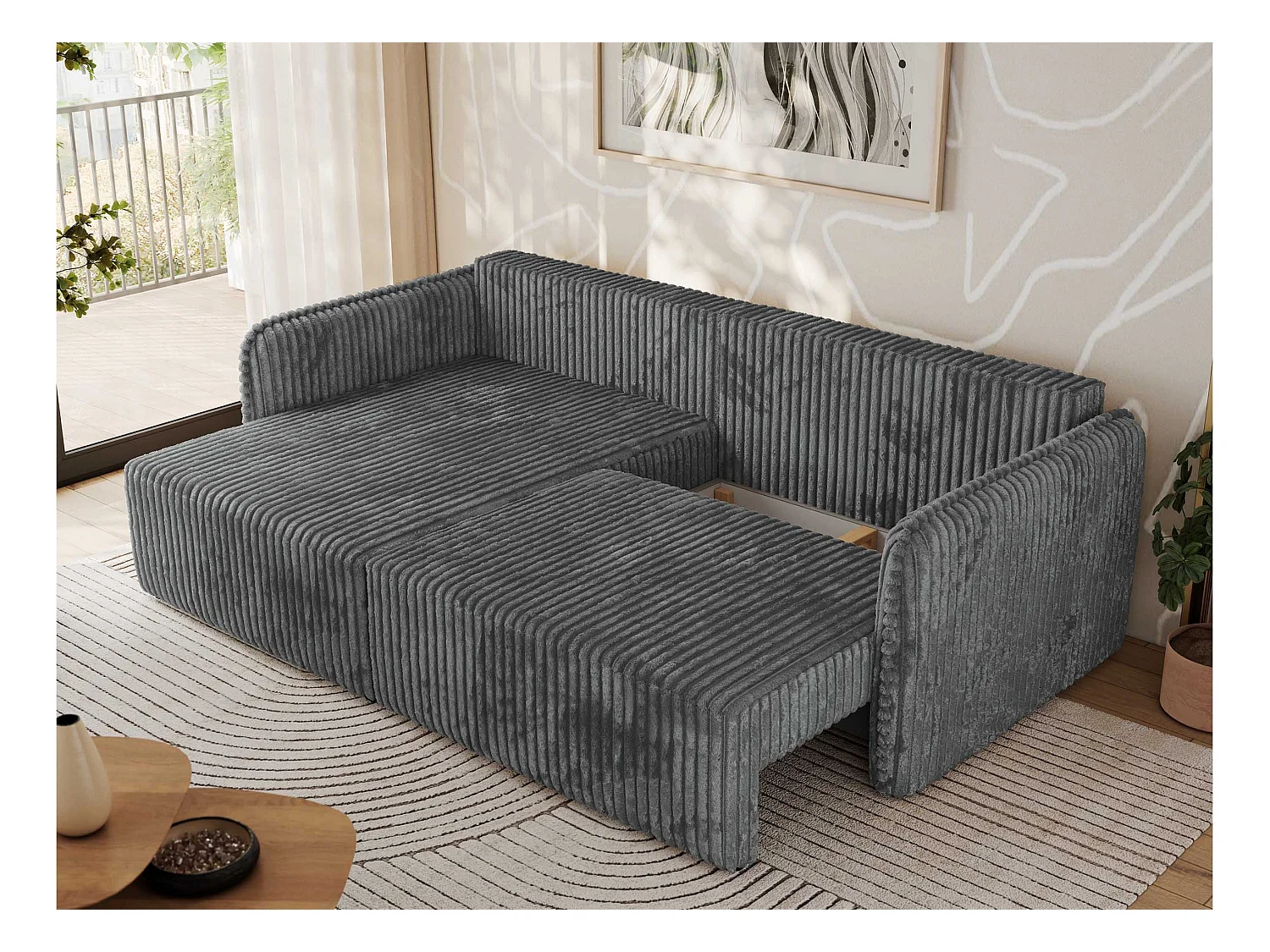 Ecksofa MESTO - Schlaffunktion und Bettkasten, L-form Couch für das Wohnzimmer, Armlehnen - Dunkelgrau Cord - Ecke Links