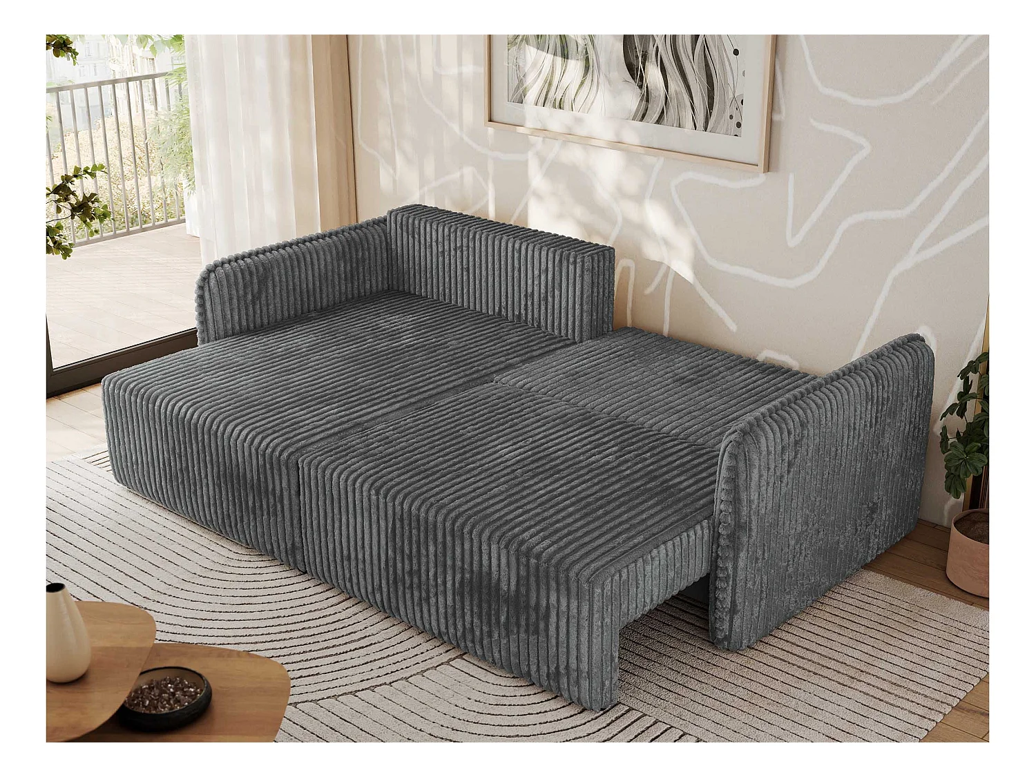 Ecksofa MESTO - Schlaffunktion und Bettkasten, L-form Couch für das Wohnzimmer, Armlehnen - Dunkelgrau Cord - Ecke Links