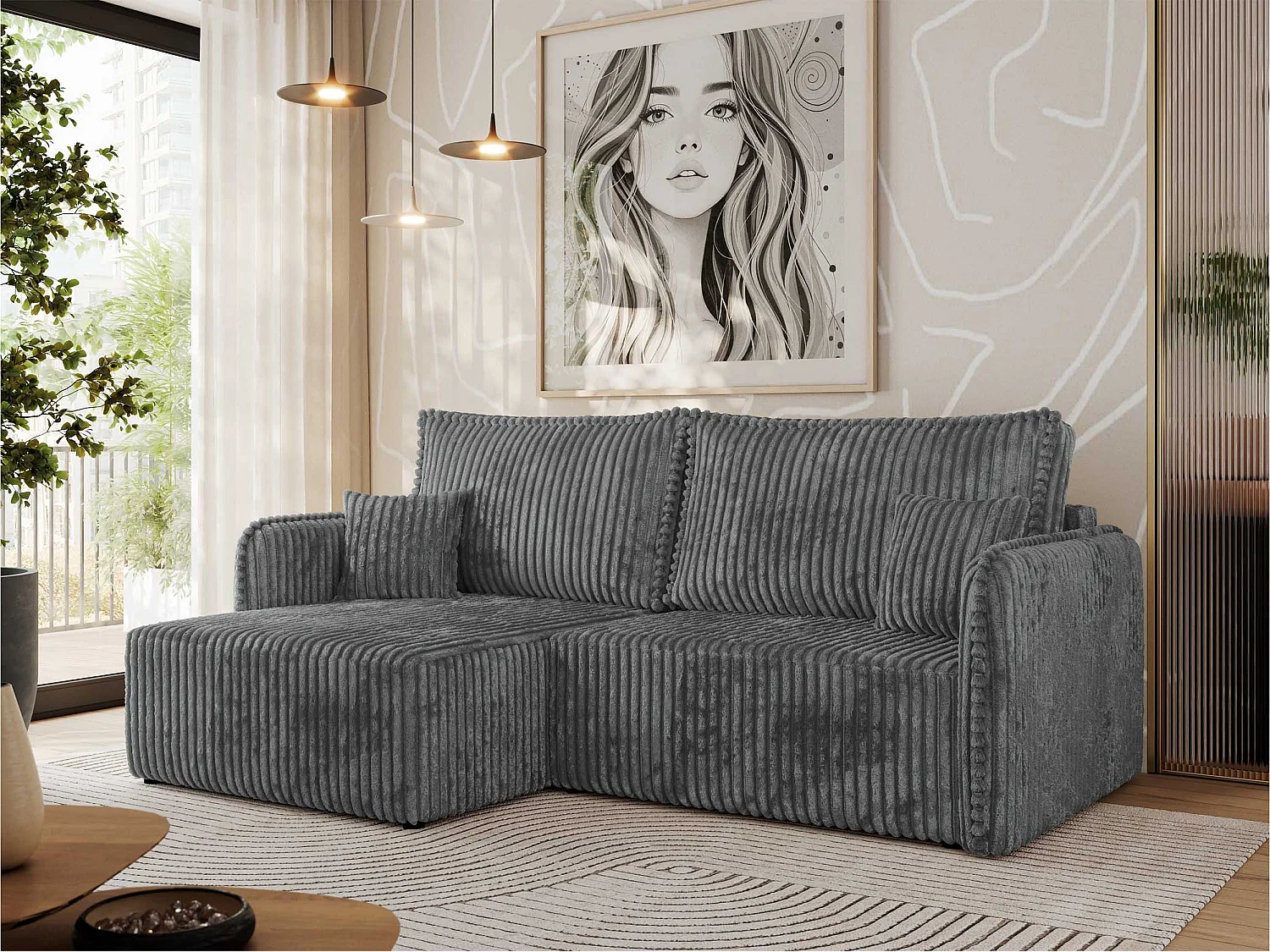 Ecksofa MESTO - Schlaffunktion und Bettkasten, L-form Couch für das Wohnzimmer, Armlehnen - Dunkelgrau Cord - Ecke Links