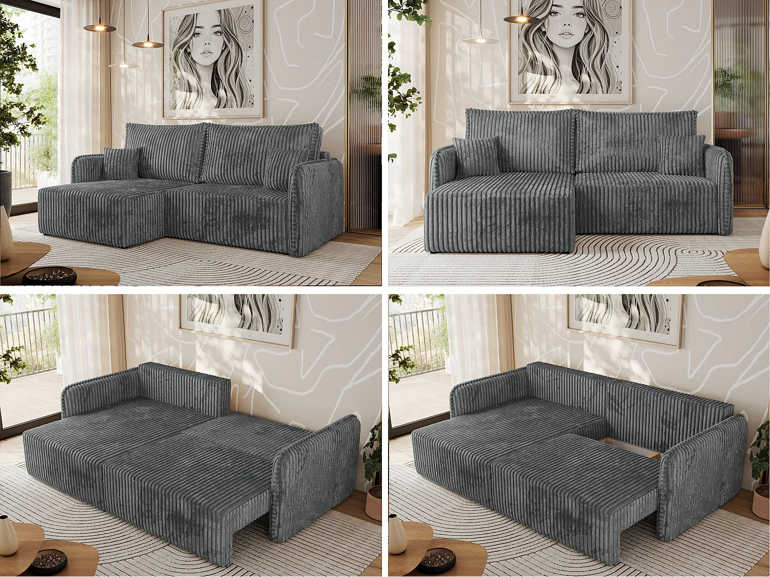 Ecksofa MESTO - Schlaffunktion und Bettkasten, L-form Couch für das Wohnzimmer, Armlehnen - Dunkelgrau Cord - Ecke Links