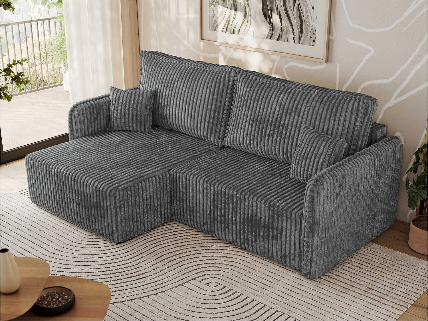 Ecksofa MESTO - Schlaffunktion und Bettkasten, L-form Couch für das Wohnzimmer, Armlehnen - Dunkelgrau Cord - Ecke Links