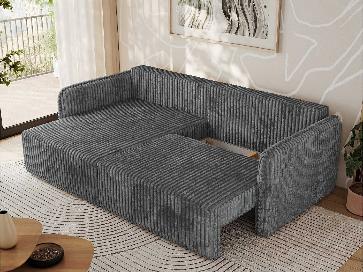 Ecksofa MESTO - Schlaffunktion und Bettkasten, L-form Couch für das Wohnzimmer, Armlehnen - Dunkelgrau Cord - Ecke Links