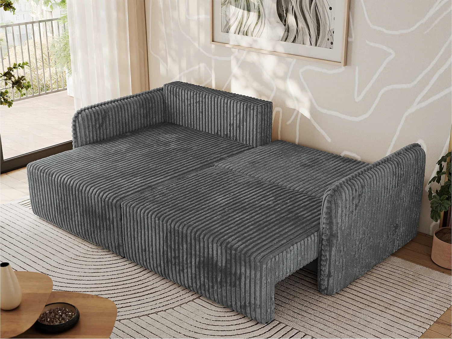 Ecksofa MESTO - Schlaffunktion und Bettkasten, L-form Couch für das Wohnzimmer, Armlehnen - Dunkelgrau Cord - Ecke Links