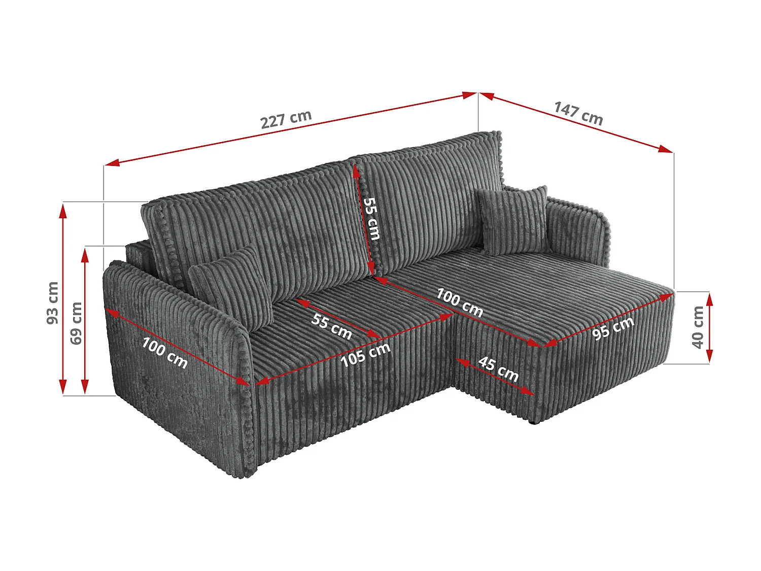 Ecksofa MESTO - Schlaffunktion und Bettkasten, L-form Couch für das Wohnzimmer, Armlehnen - Dunkelgrau Cord - Ecke Links