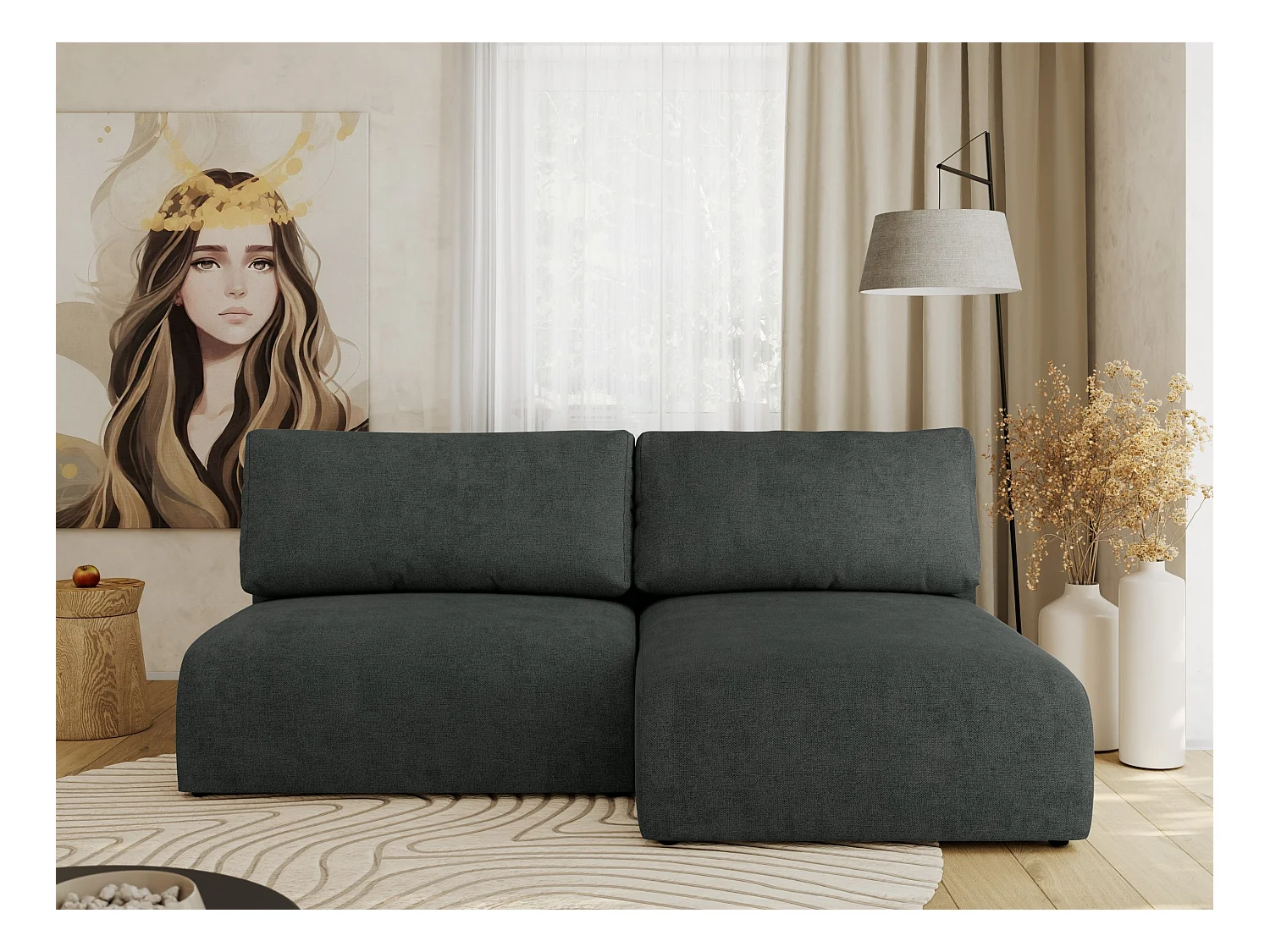 Ecksofa VIVO - L-form Couch mit Schlaffunktion und Bettkasten, Wellenfeder - Dunkelgrau Struktur - Ecke Rechts