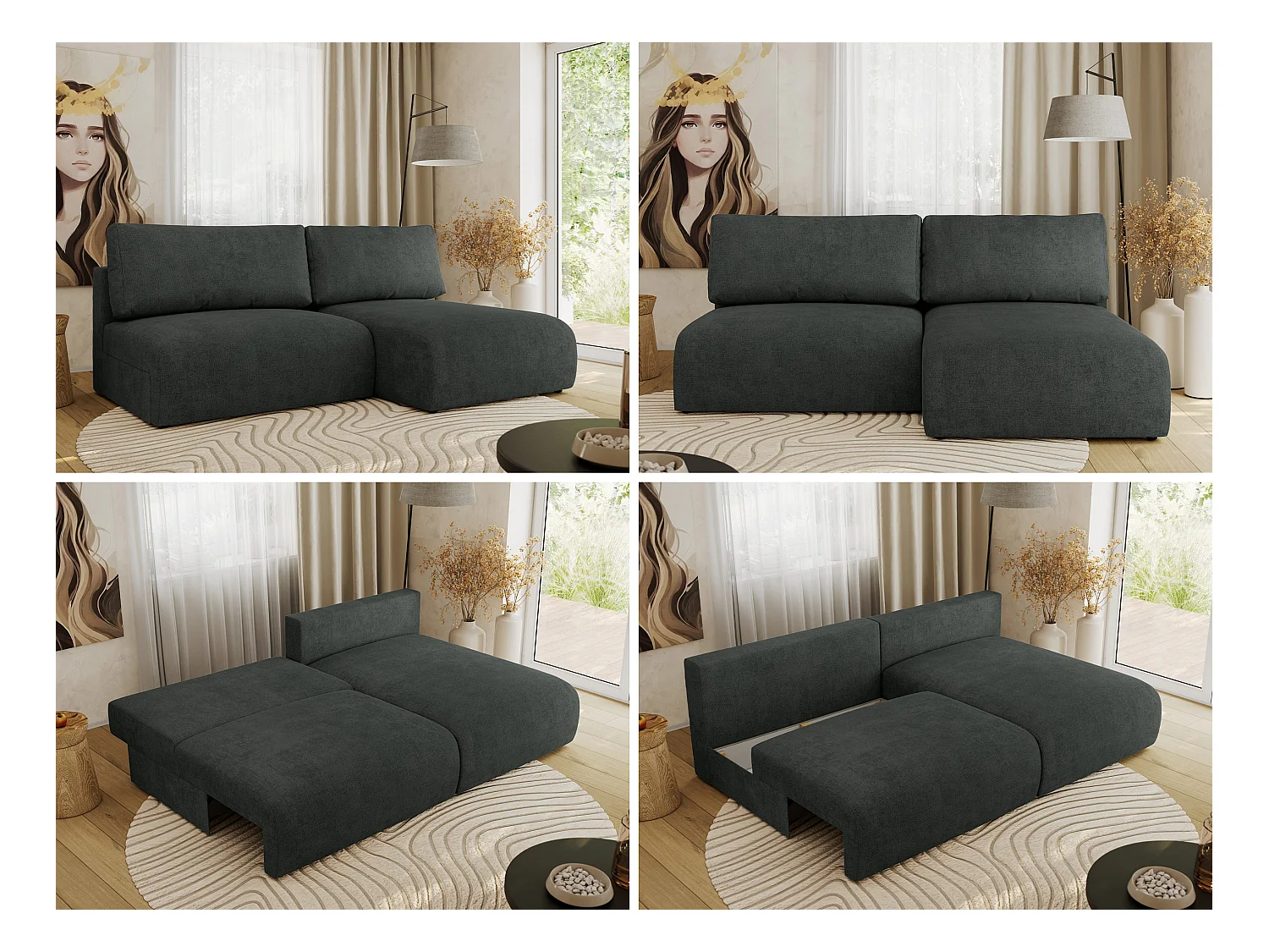 Ecksofa VIVO - L-form Couch mit Schlaffunktion und Bettkasten, Wellenfeder - Dunkelgrau Struktur - Ecke Rechts