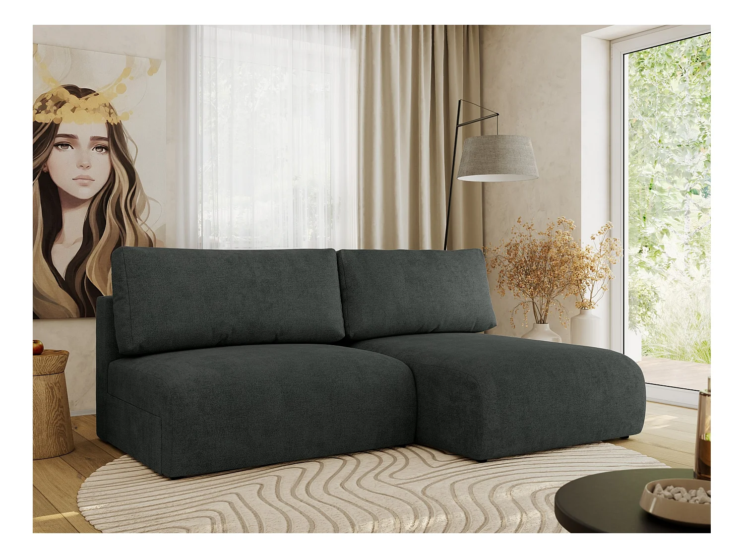 Ecksofa VIVO - L-form Couch mit Schlaffunktion und Bettkasten, Wellenfeder - Dunkelgrau Struktur - Ecke Rechts