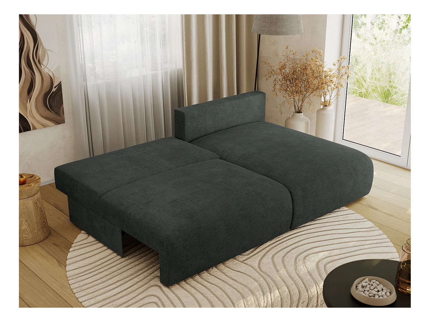 Ecksofa VIVO - L-form Couch mit Schlaffunktion und Bettkasten, Wellenfeder - Dunkelgrau Struktur - Ecke Rechts