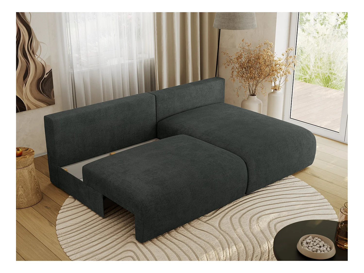Ecksofa VIVO - L-form Couch mit Schlaffunktion und Bettkasten, Wellenfeder - Dunkelgrau Struktur - Ecke Rechts