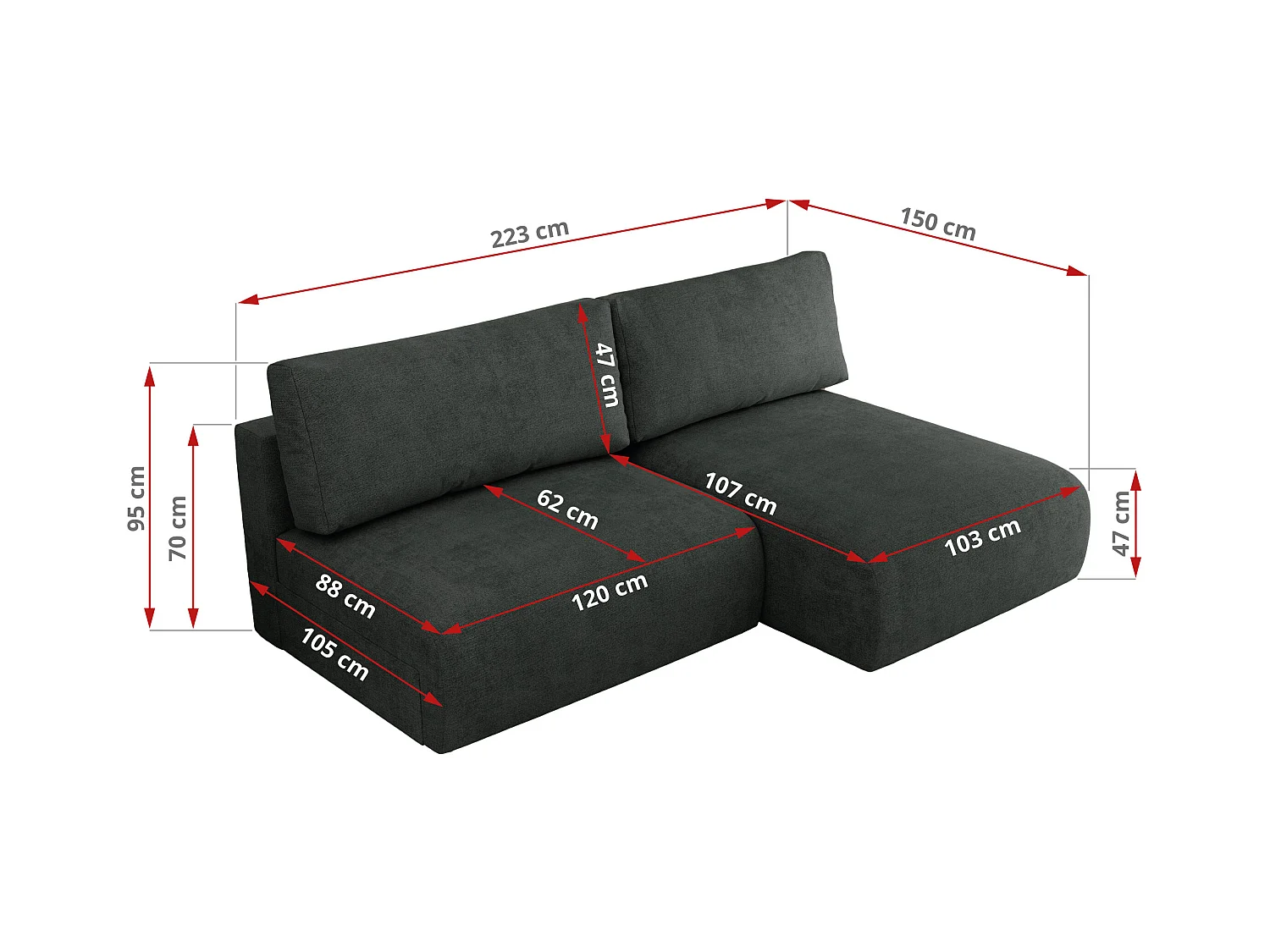 Ecksofa VIVO - L-form Couch mit Schlaffunktion und Bettkasten, Wellenfeder - Dunkelgrau Struktur - Ecke Rechts