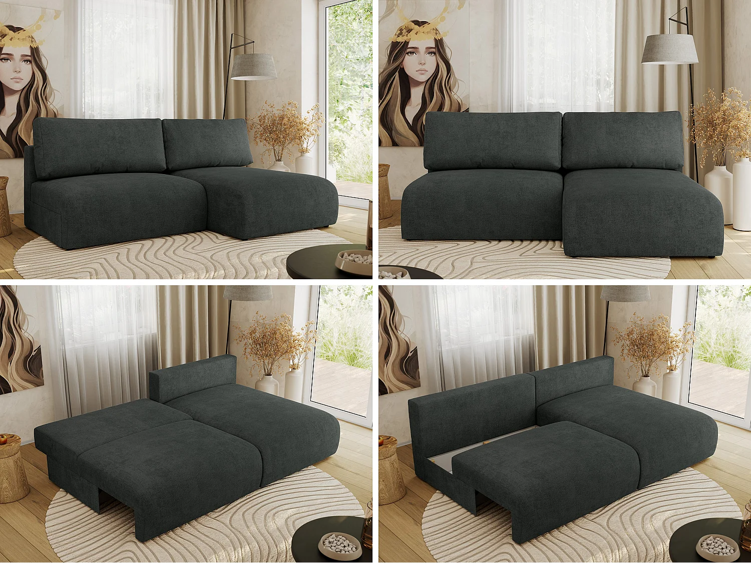 Ecksofa VIVO - L-form Couch mit Schlaffunktion und Bettkasten, Wellenfeder - Dunkelgrau Struktur - Ecke Rechts