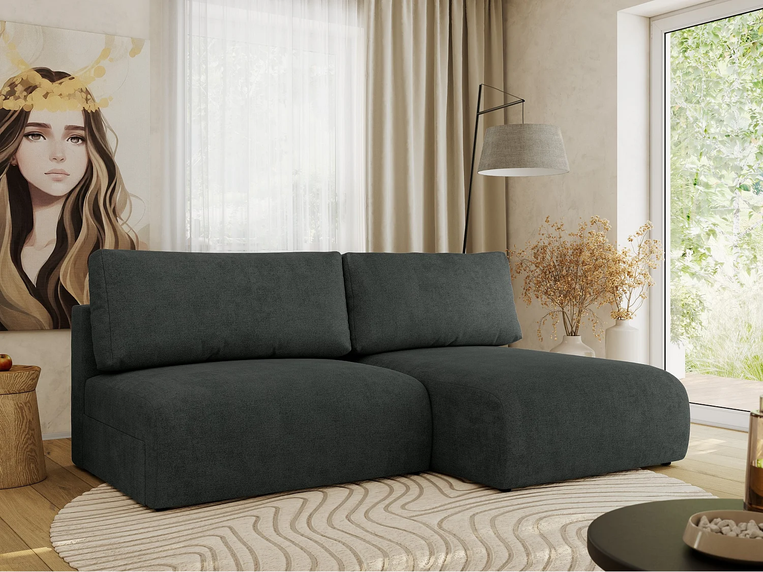 Ecksofa VIVO - L-form Couch mit Schlaffunktion und Bettkasten, Wellenfeder - Dunkelgrau Struktur - Ecke Rechts