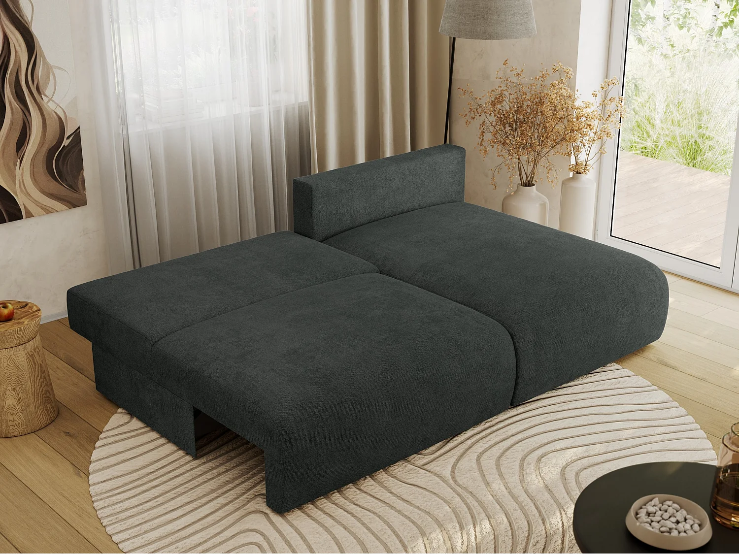 Ecksofa VIVO - L-form Couch mit Schlaffunktion und Bettkasten, Wellenfeder - Dunkelgrau Struktur - Ecke Rechts