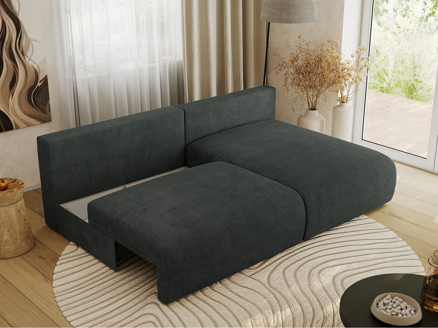 Ecksofa VIVO - L-form Couch mit Schlaffunktion und Bettkasten, Wellenfeder - Dunkelgrau Struktur - Ecke Rechts