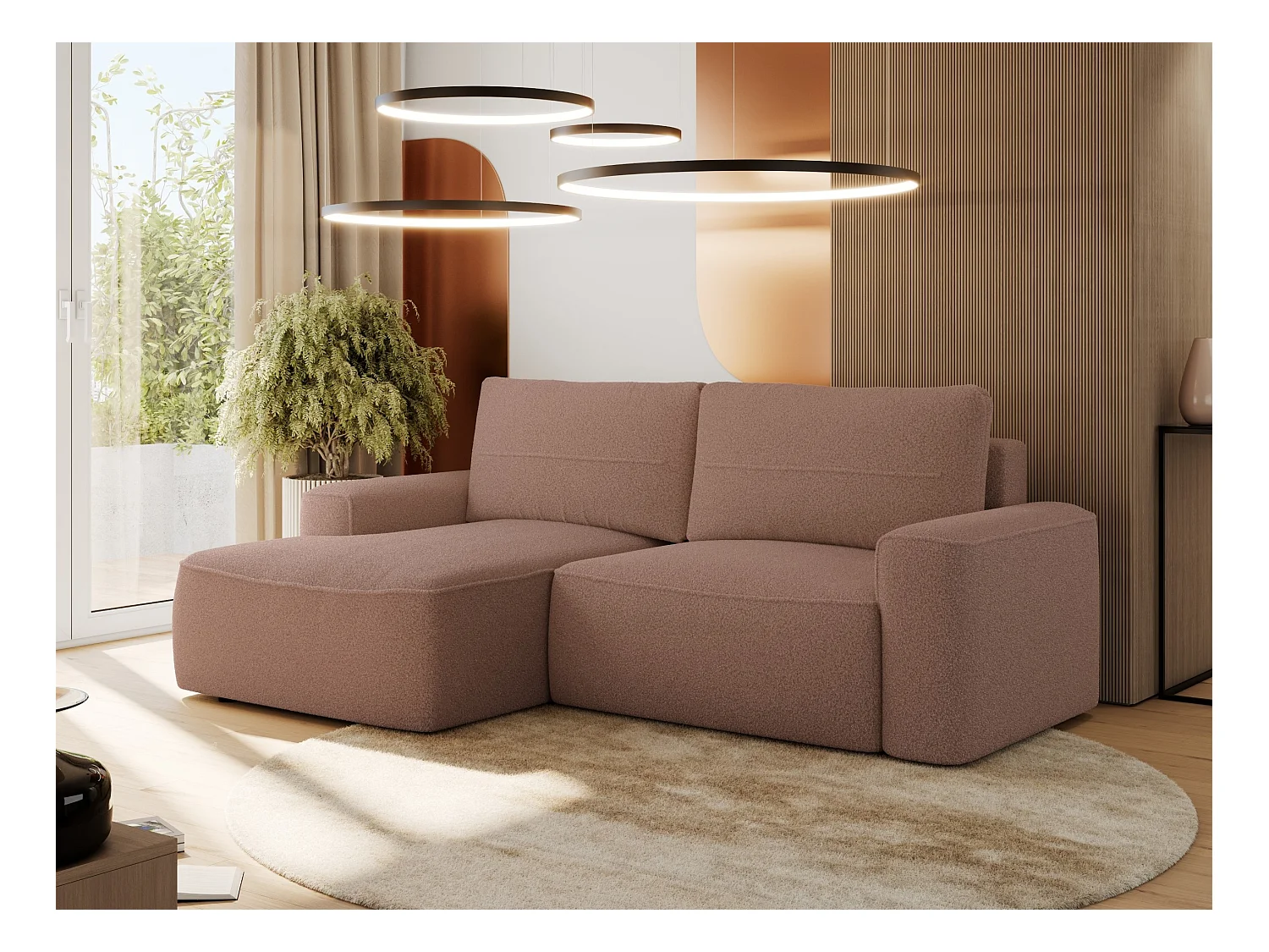 Ecksofa BELLUNO - Schlafsofa mit Bettkasten, Armlehnen, Couch L-form mit Schlaffunktion - Rosa Boucle - Ecke Links