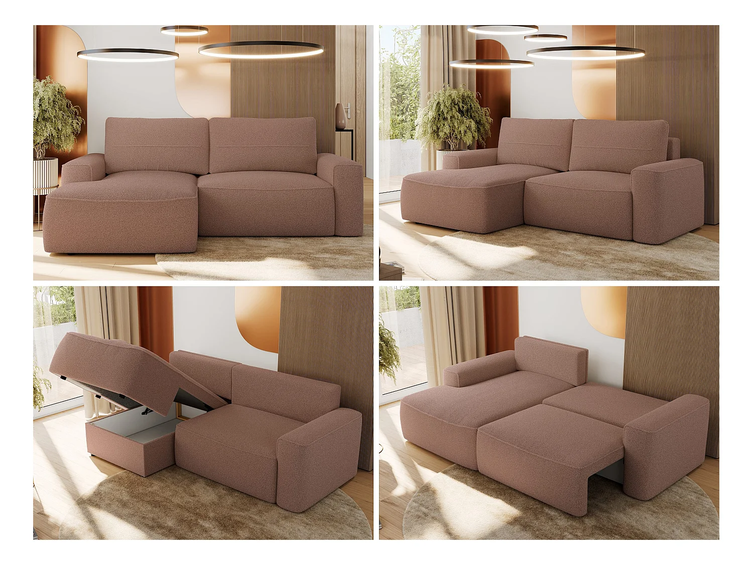 Ecksofa BELLUNO - Schlafsofa mit Bettkasten, Armlehnen, Couch L-form mit Schlaffunktion - Rosa Boucle - Ecke Links