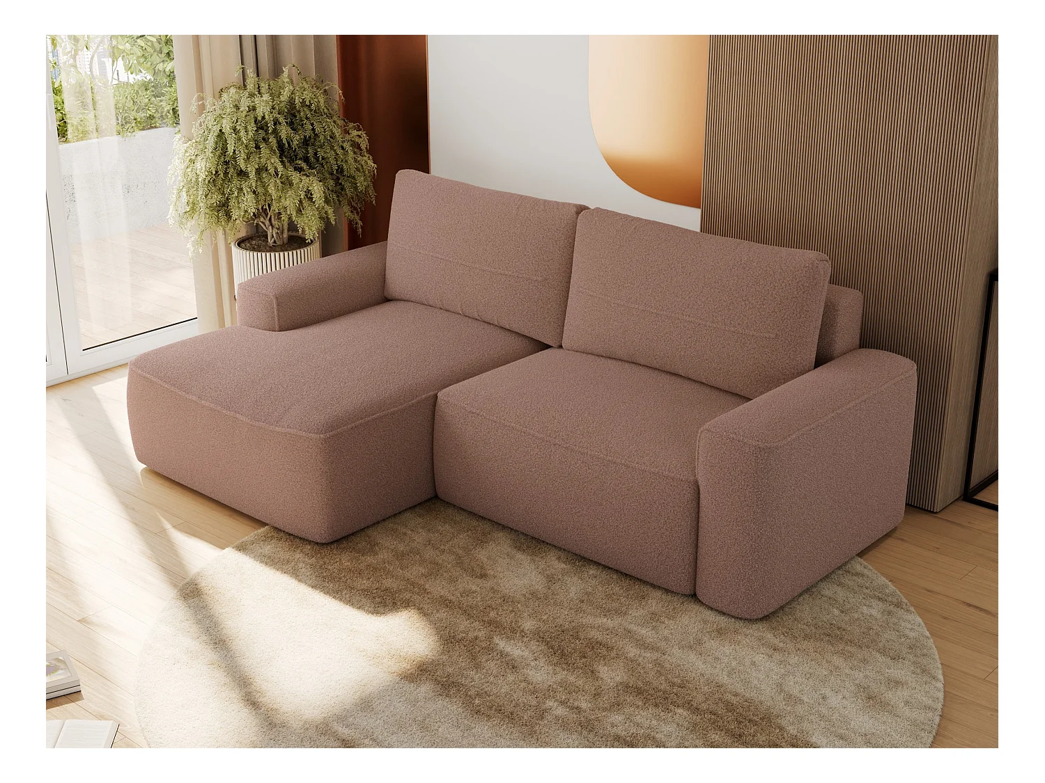 Ecksofa BELLUNO - Schlafsofa mit Bettkasten, Armlehnen, Couch L-form mit Schlaffunktion - Rosa Boucle - Ecke Links