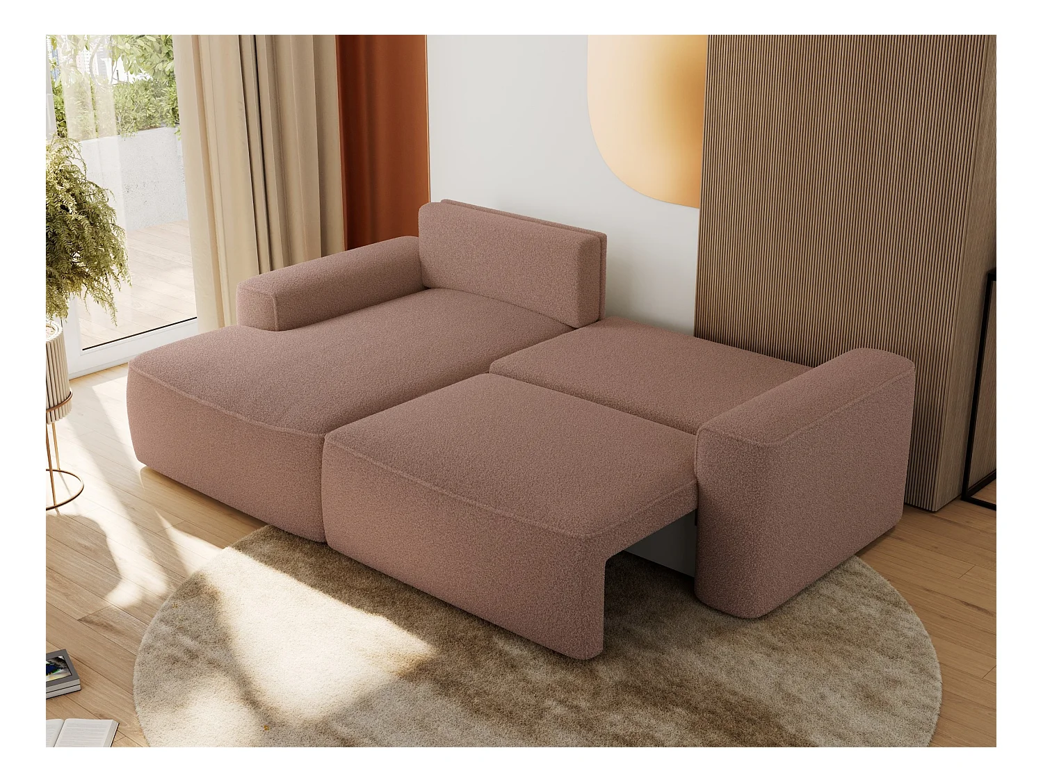 Ecksofa BELLUNO - Schlafsofa mit Bettkasten, Armlehnen, Couch L-form mit Schlaffunktion - Rosa Boucle - Ecke Links