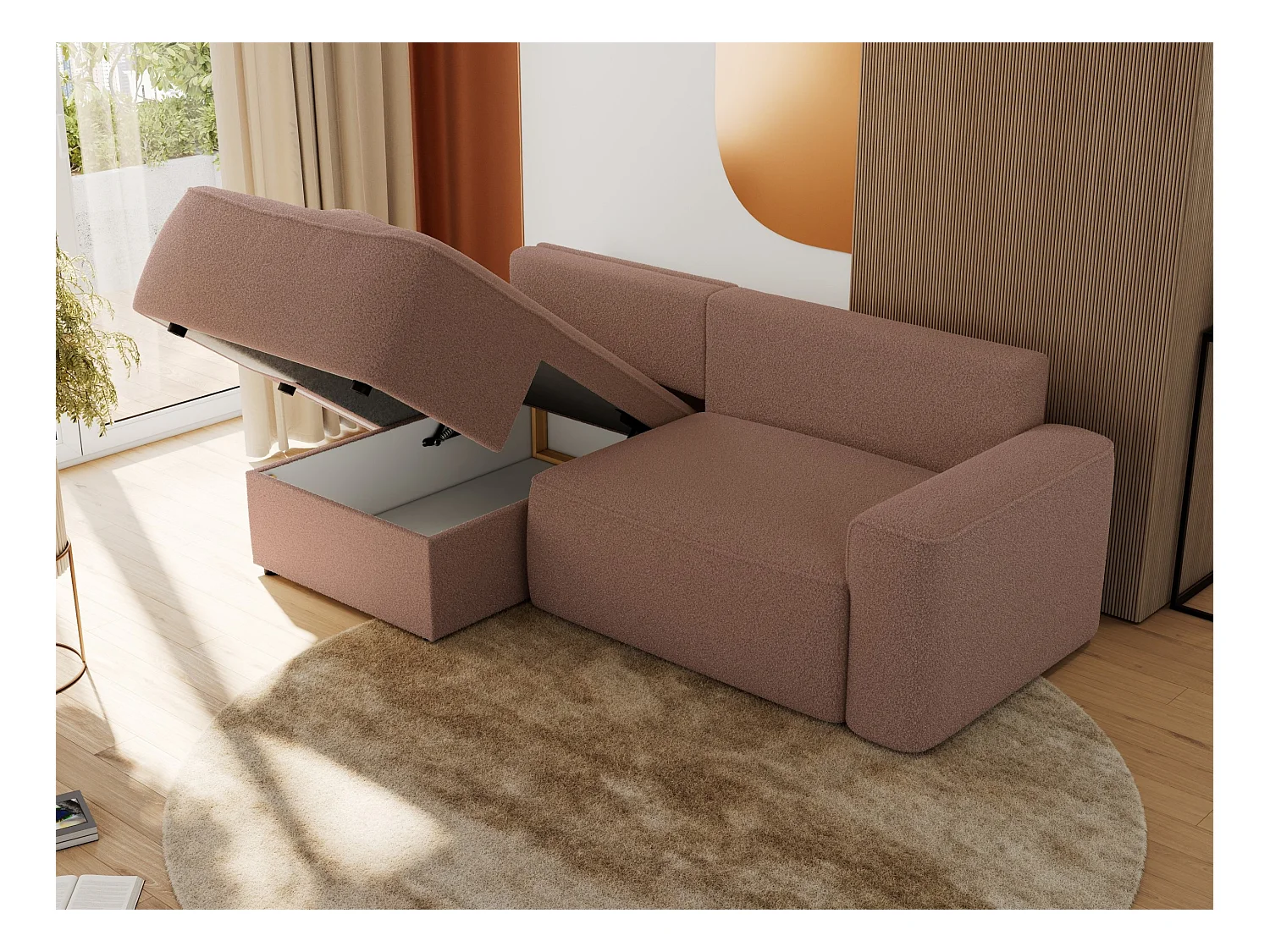 Ecksofa BELLUNO - Schlafsofa mit Bettkasten, Armlehnen, Couch L-form mit Schlaffunktion - Rosa Boucle - Ecke Links