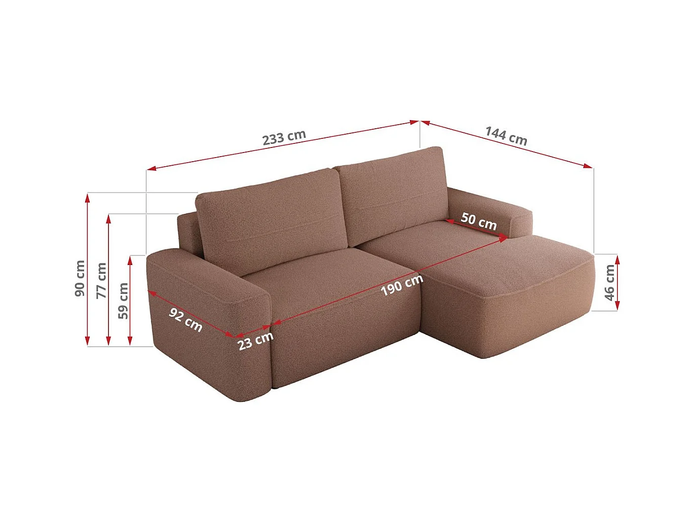 Ecksofa BELLUNO - Schlafsofa mit Bettkasten, Armlehnen, Couch L-form mit Schlaffunktion - Rosa Boucle - Ecke Links