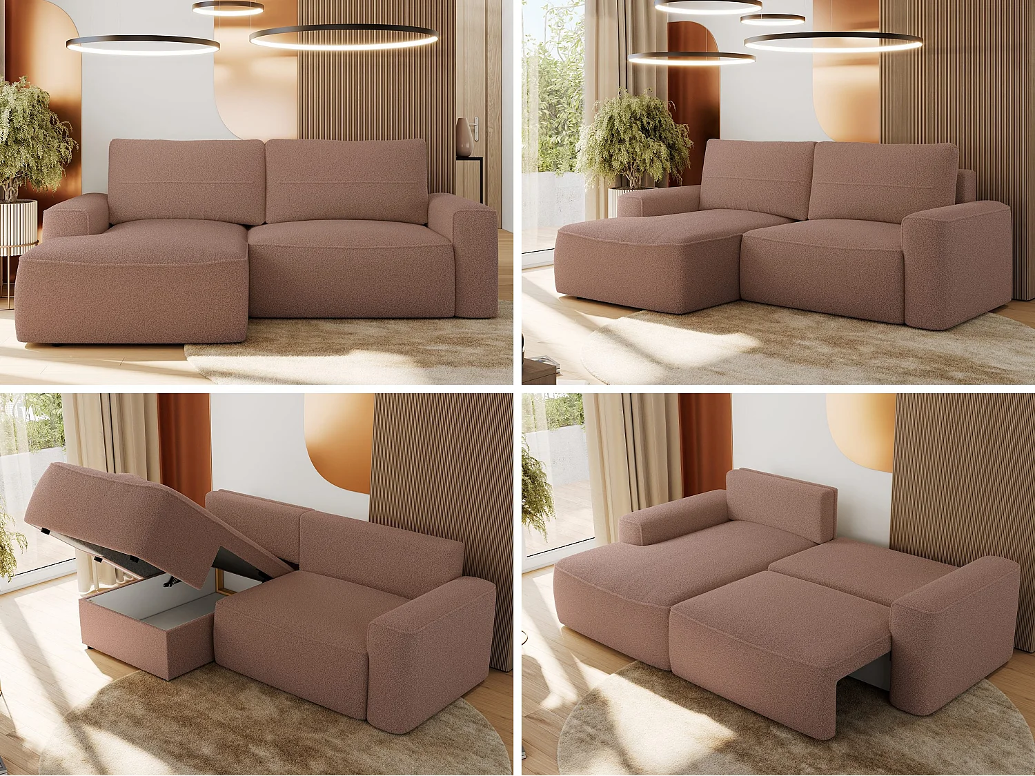 Ecksofa BELLUNO - Schlafsofa mit Bettkasten, Armlehnen, Couch L-form mit Schlaffunktion - Rosa Boucle - Ecke Links