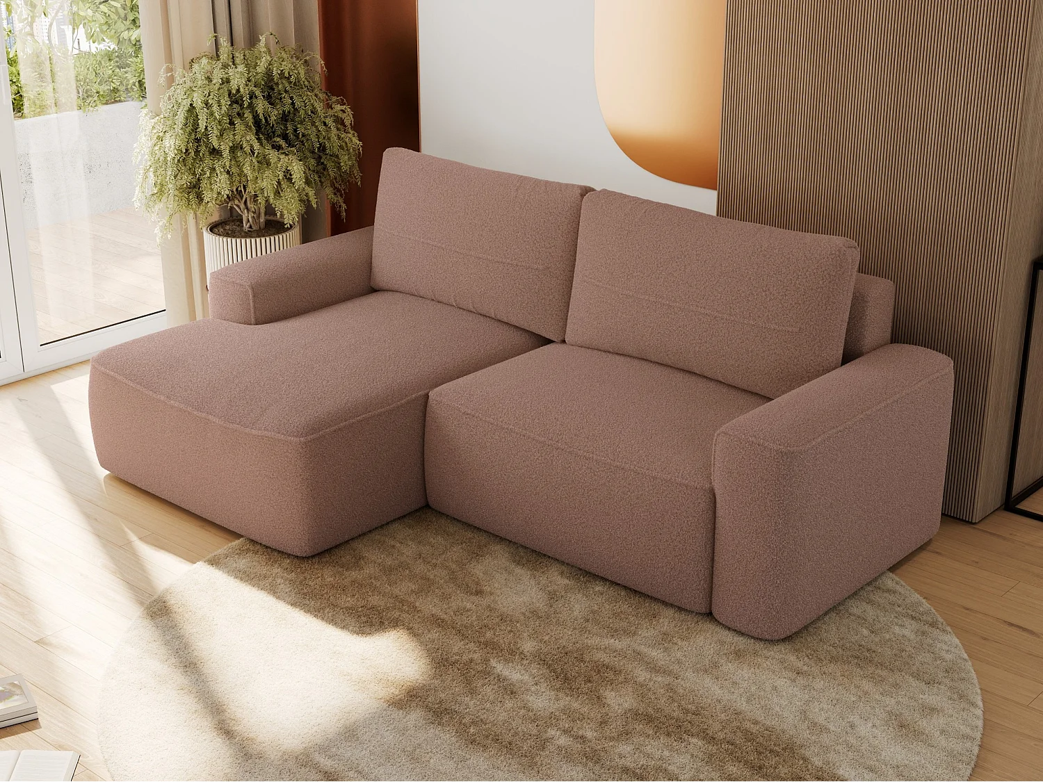 Ecksofa BELLUNO - Schlafsofa mit Bettkasten, Armlehnen, Couch L-form mit Schlaffunktion - Rosa Boucle - Ecke Links