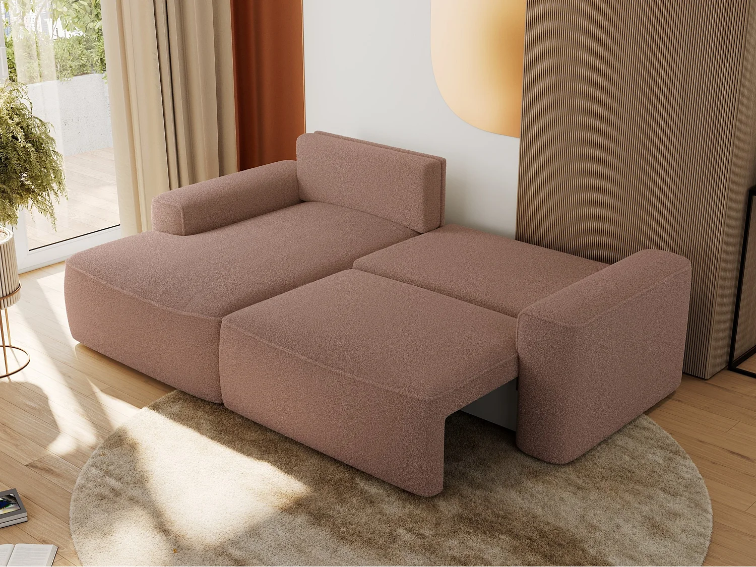 Ecksofa BELLUNO - Schlafsofa mit Bettkasten, Armlehnen, Couch L-form mit Schlaffunktion - Rosa Boucle - Ecke Links