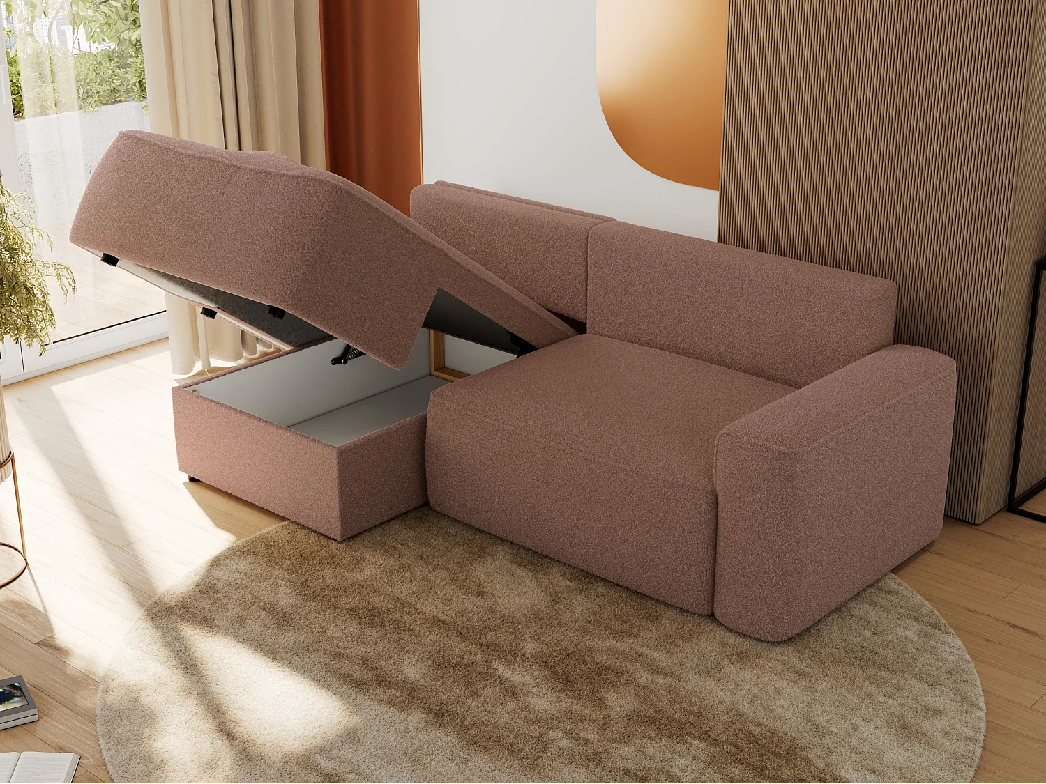 Ecksofa BELLUNO - Schlafsofa mit Bettkasten, Armlehnen, Couch L-form mit Schlaffunktion - Rosa Boucle - Ecke Links