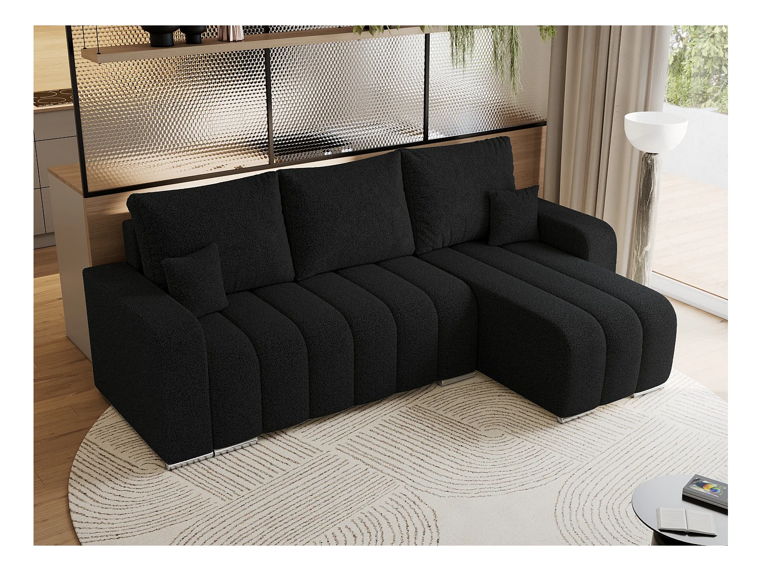 Ecksofa KIRASSO - universelles mit Schlaffunktion und Bettkasten, lose Kissen, Armlehnen - Schwarz Boucle