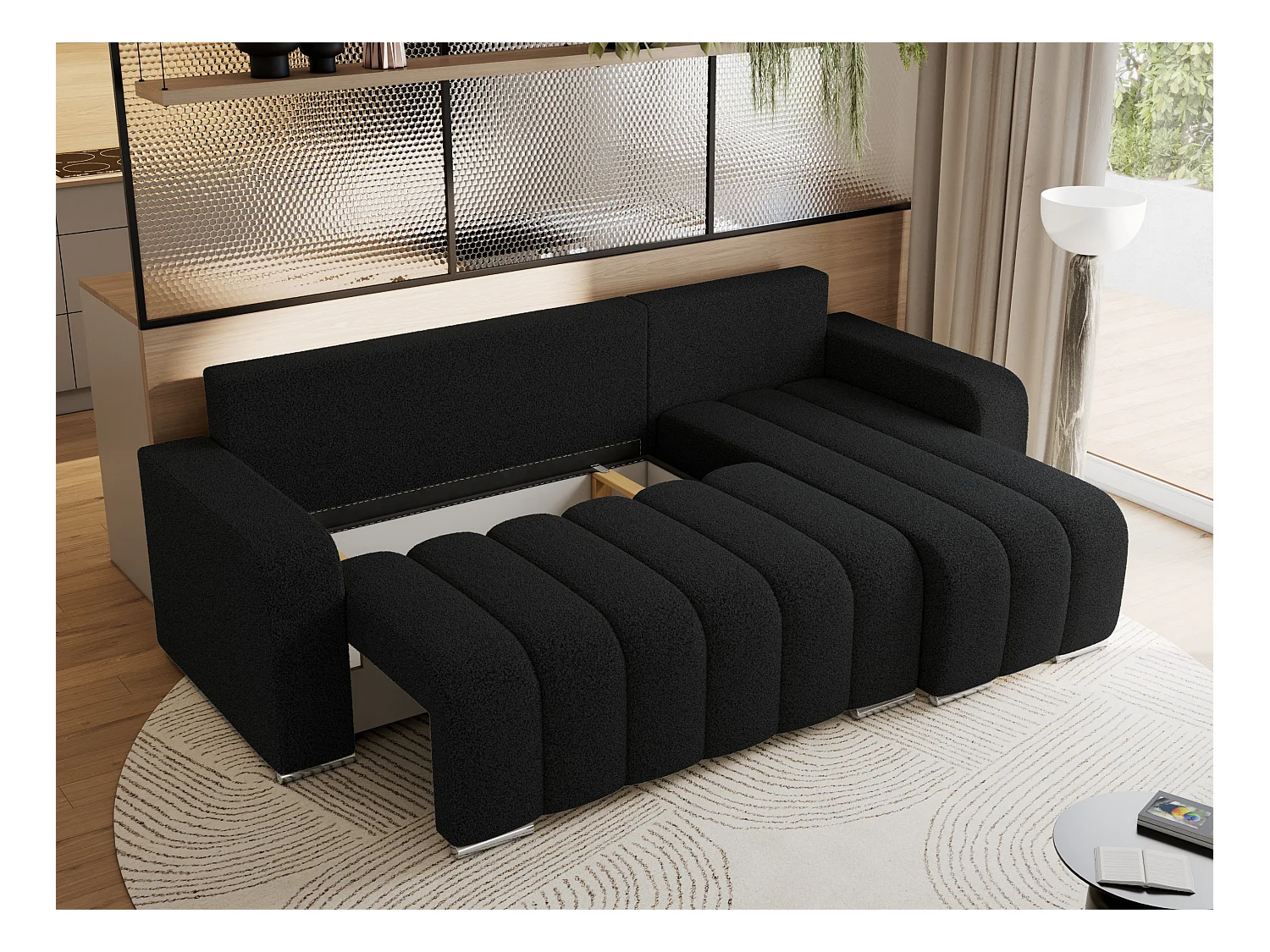 Ecksofa KIRASSO - universelles mit Schlaffunktion und Bettkasten, lose Kissen, Armlehnen - Schwarz Boucle