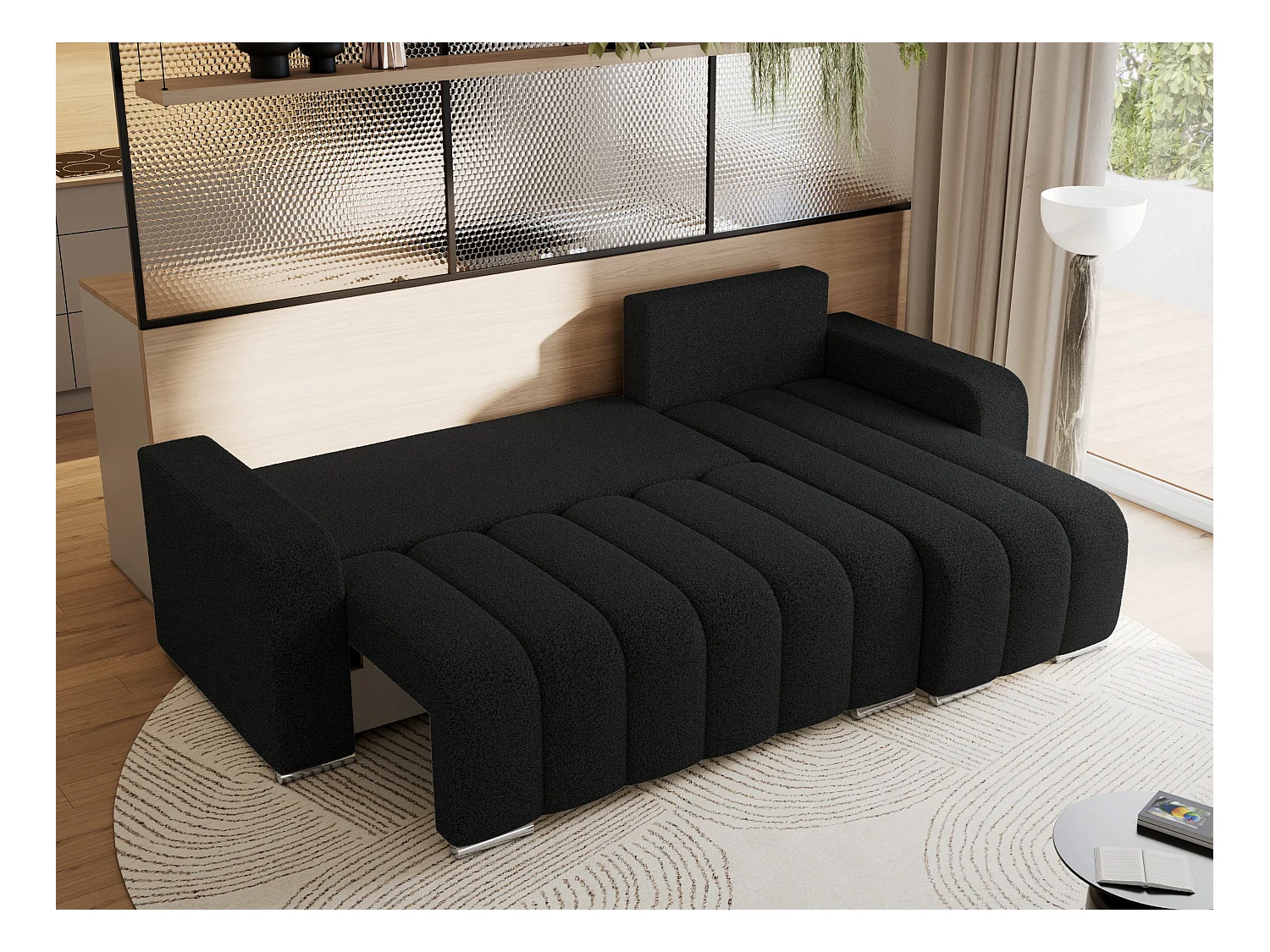 Ecksofa KIRASSO - universelles mit Schlaffunktion und Bettkasten, lose Kissen, Armlehnen - Schwarz Boucle