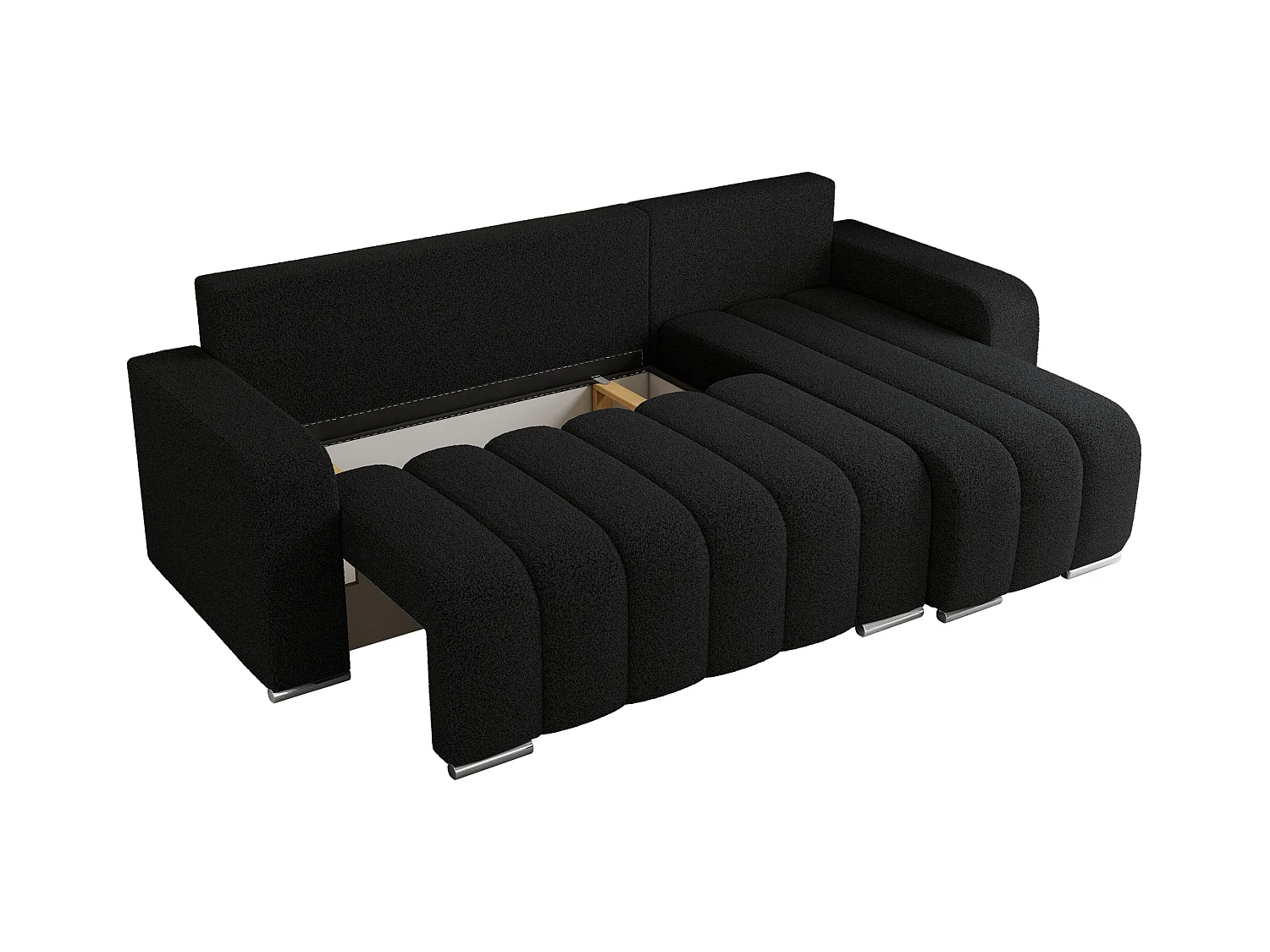 Ecksofa KIRASSO - universelles mit Schlaffunktion und Bettkasten, lose Kissen, Armlehnen - Schwarz Boucle