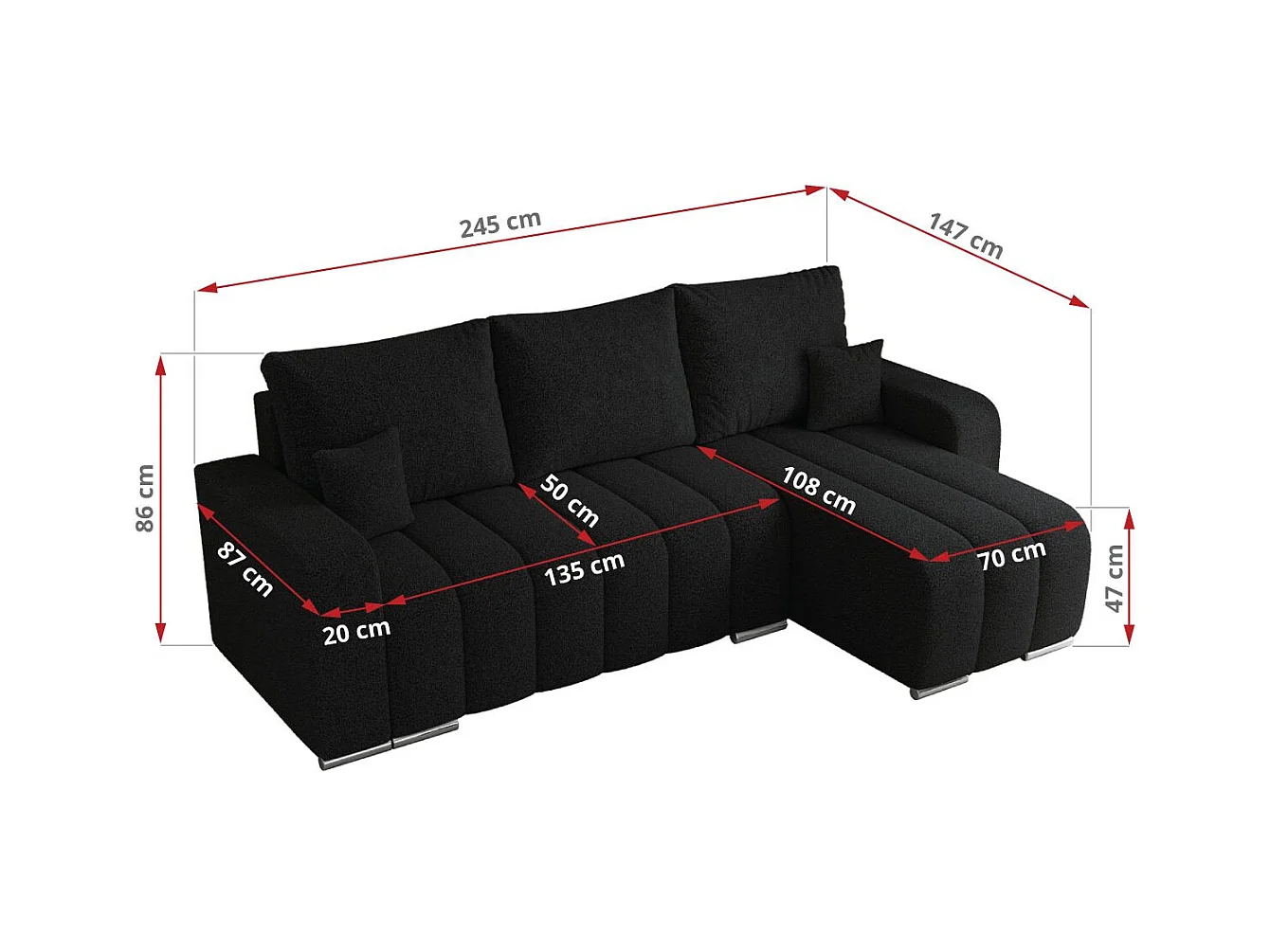 Ecksofa KIRASSO - universelles mit Schlaffunktion und Bettkasten, lose Kissen, Armlehnen - Schwarz Boucle