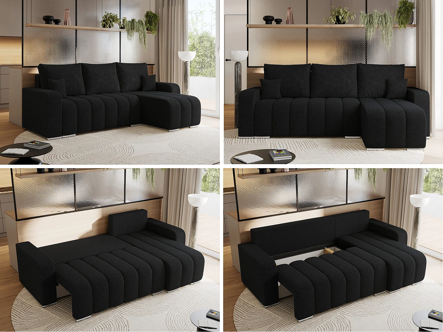 Ecksofa KIRASSO - universelles mit Schlaffunktion und Bettkasten, lose Kissen, Armlehnen - Schwarz Boucle