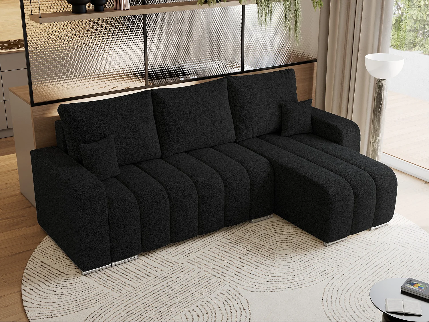 Ecksofa KIRASSO - universelles mit Schlaffunktion und Bettkasten, lose Kissen, Armlehnen - Schwarz Boucle