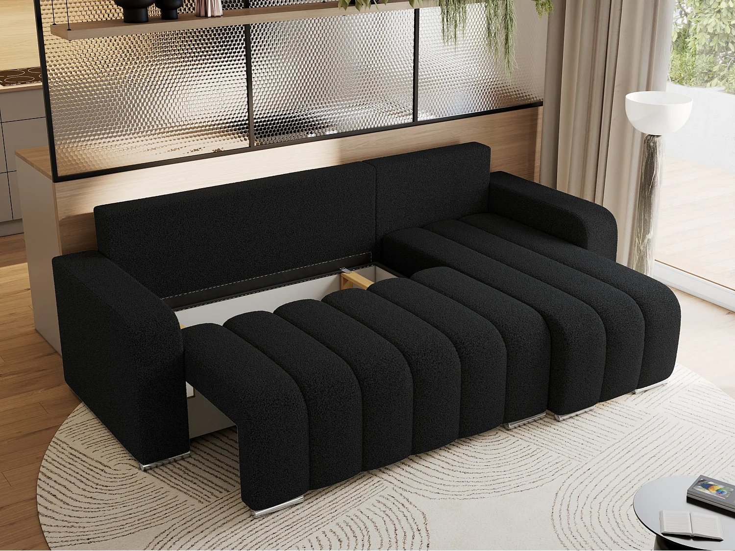 Ecksofa KIRASSO - universelles mit Schlaffunktion und Bettkasten, lose Kissen, Armlehnen - Schwarz Boucle