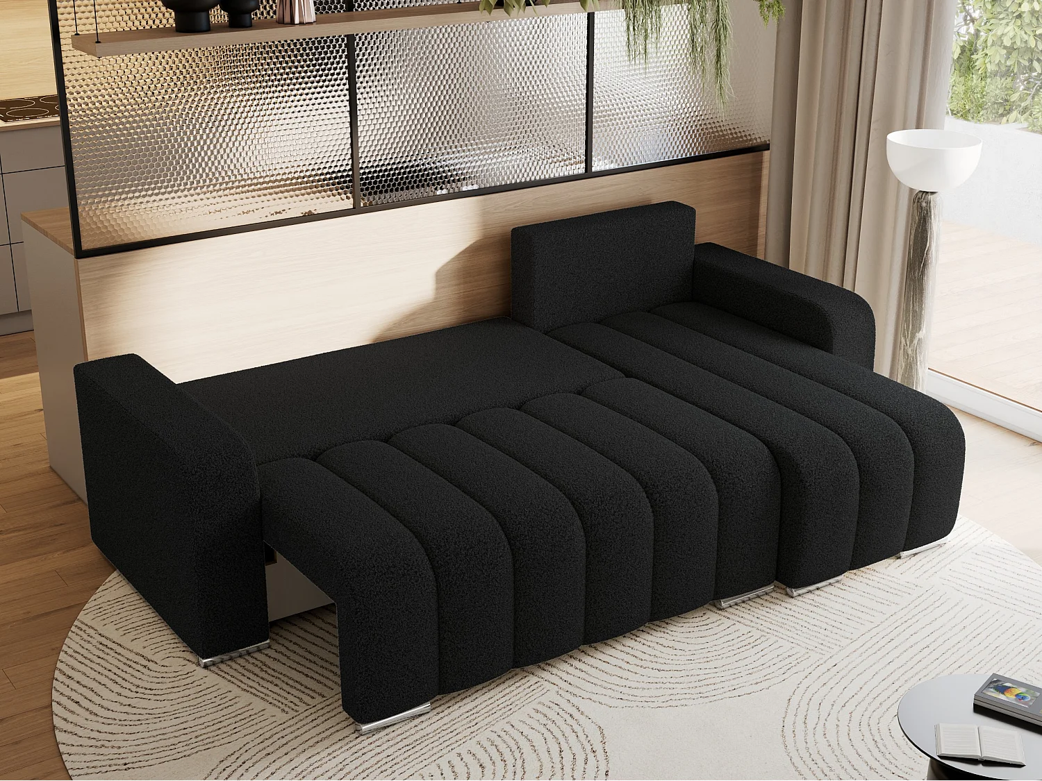 Ecksofa KIRASSO - universelles mit Schlaffunktion und Bettkasten, lose Kissen, Armlehnen - Schwarz Boucle