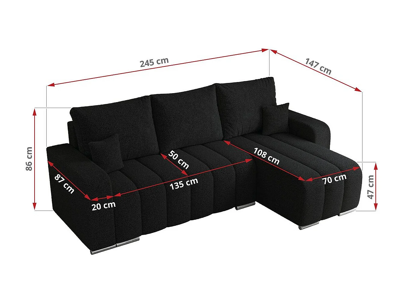 Ecksofa KIRASSO - universelles mit Schlaffunktion und Bettkasten, lose Kissen, Armlehnen - Schwarz Boucle