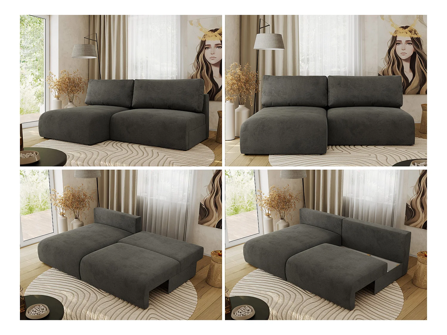 Ecksofa VIVO - L-form Couch mit Schlaffunktion und Bettkasten, Wellenfeder - Dunkelgrau Velvet - Ecke Links