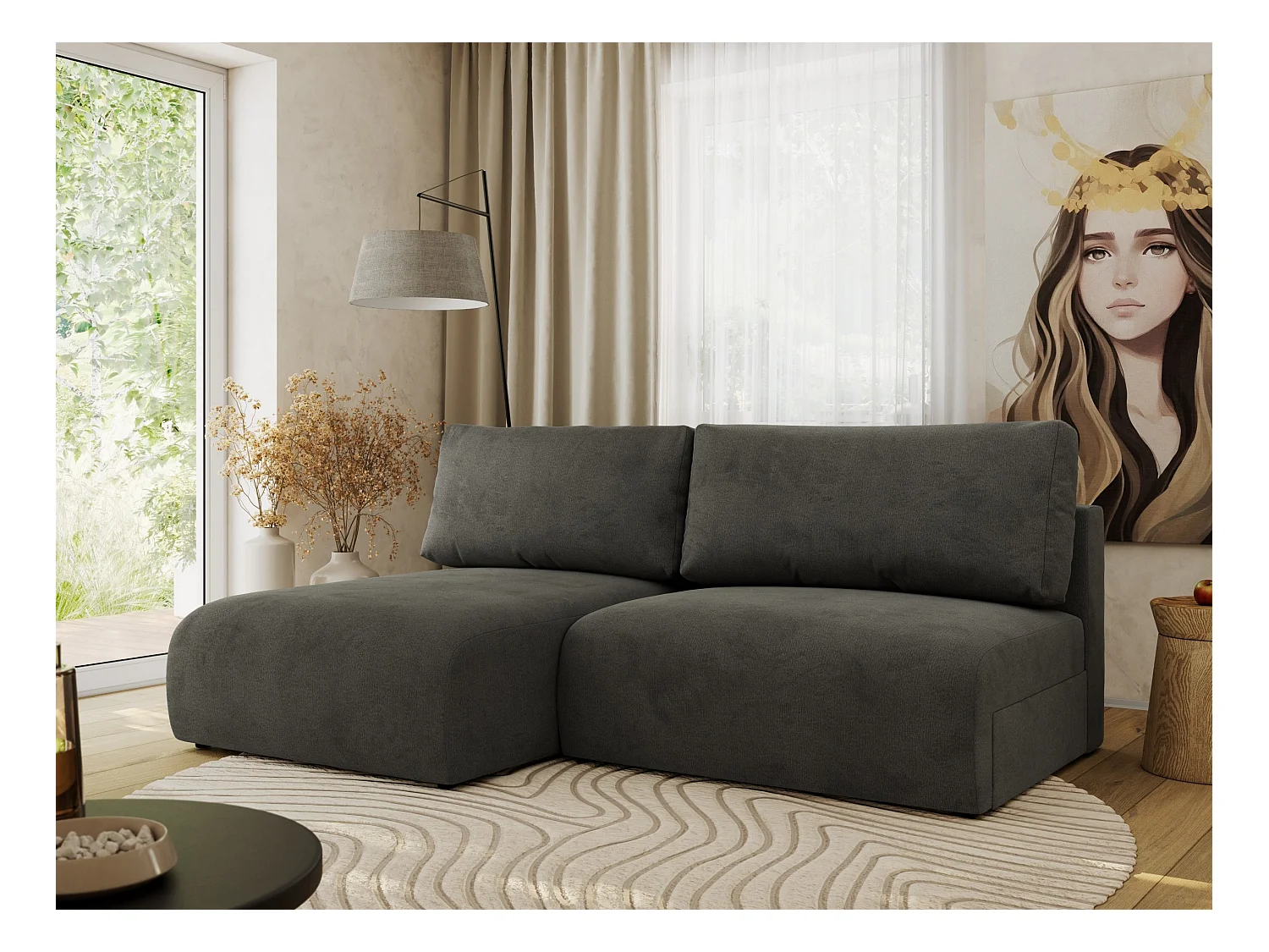 Ecksofa VIVO - L-form Couch mit Schlaffunktion und Bettkasten, Wellenfeder - Dunkelgrau Velvet - Ecke Links