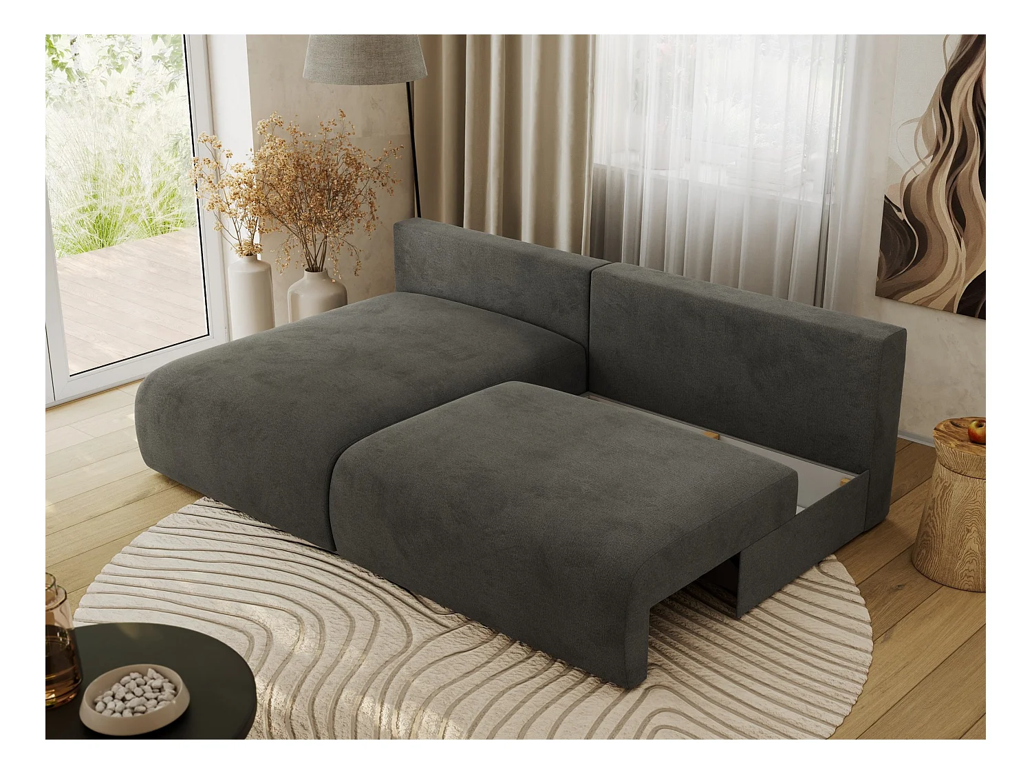 Ecksofa VIVO - L-form Couch mit Schlaffunktion und Bettkasten, Wellenfeder - Dunkelgrau Velvet - Ecke Links