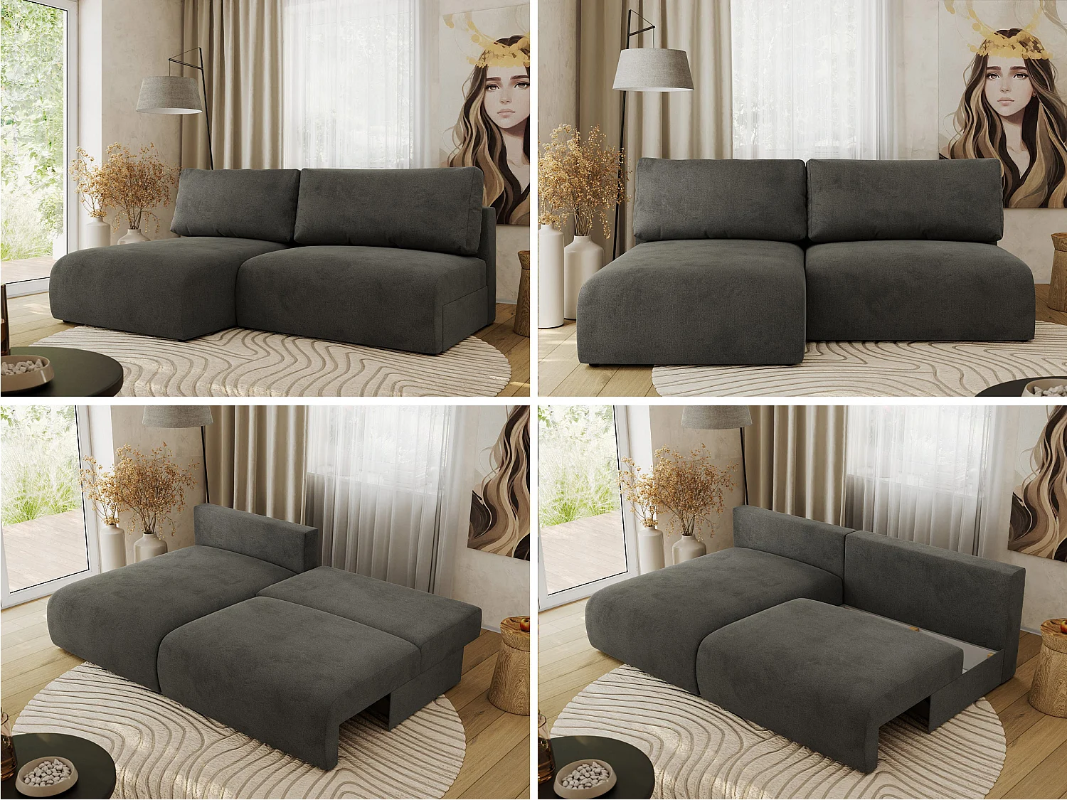 Ecksofa VIVO - L-form Couch mit Schlaffunktion und Bettkasten, Wellenfeder - Dunkelgrau Velvet - Ecke Links