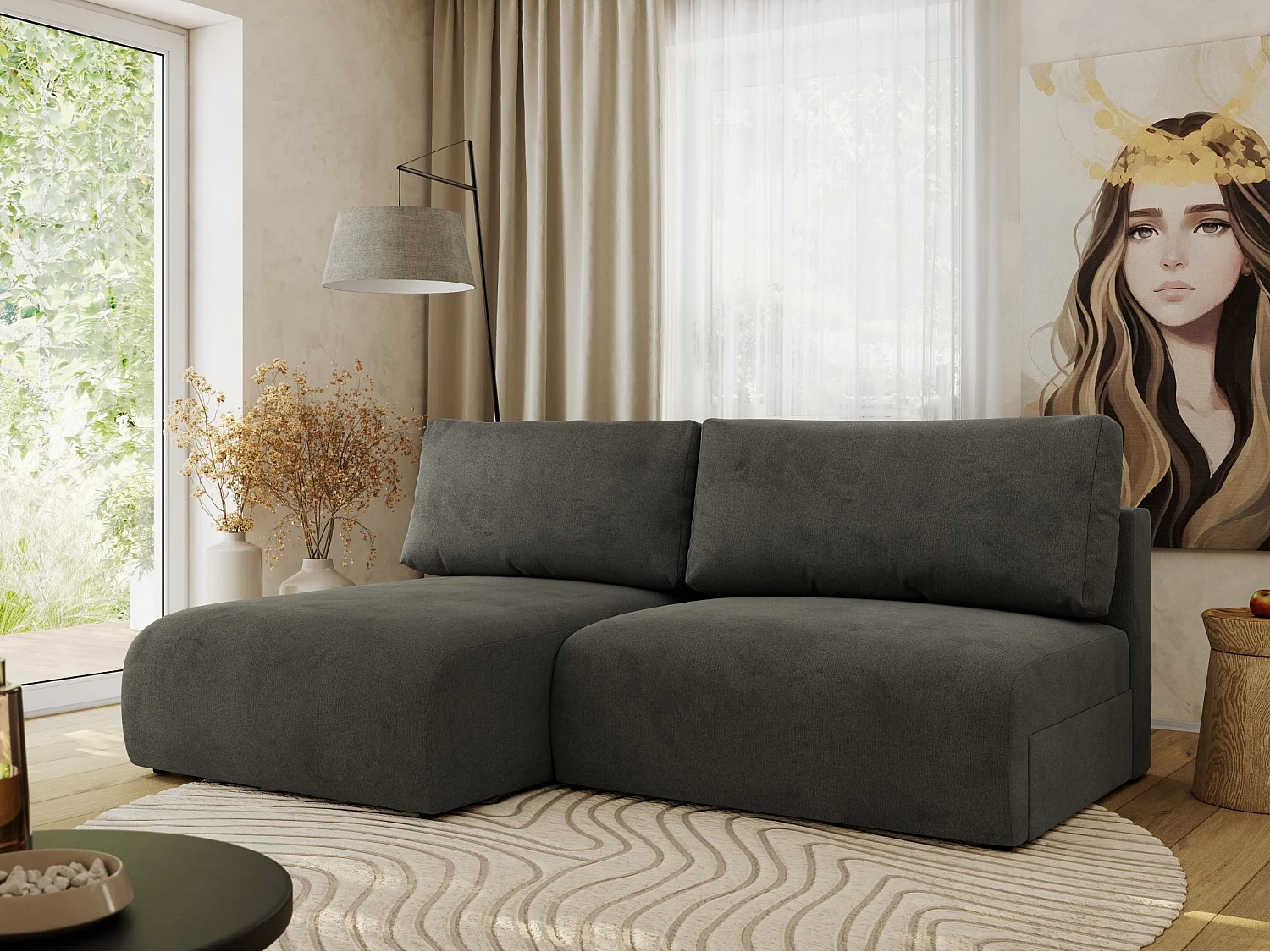 Ecksofa VIVO - L-form Couch mit Schlaffunktion und Bettkasten, Wellenfeder - Dunkelgrau Velvet - Ecke Links